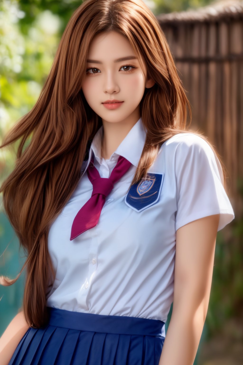 village girl wearing school uniform, light golden-brown hairs,smily face, attractive, flirting, looking at viewer, portrait, photography, detailed skin, realistic, photo-realistic, 8k, highly detailed, full length frame, High detail RAW color art, diffused soft lighting, sharp focus, hyperrealism, cinematic lighting,photorealistic,1 girl