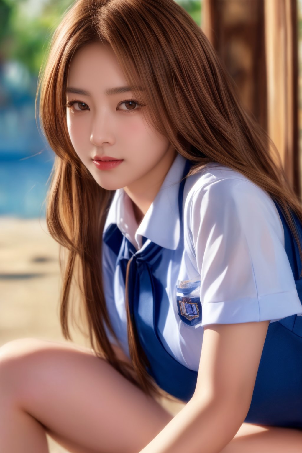 village girl wearing school uniform, light golden-brown hairs,smily face, attractive, flirting, looking at viewer, portrait, photography, detailed skin, realistic, photo-realistic, 8k, highly detailed, full length frame, High detail RAW color art, diffused soft lighting, sharp focus, hyperrealism, cinematic lighting,photorealistic,1 girl