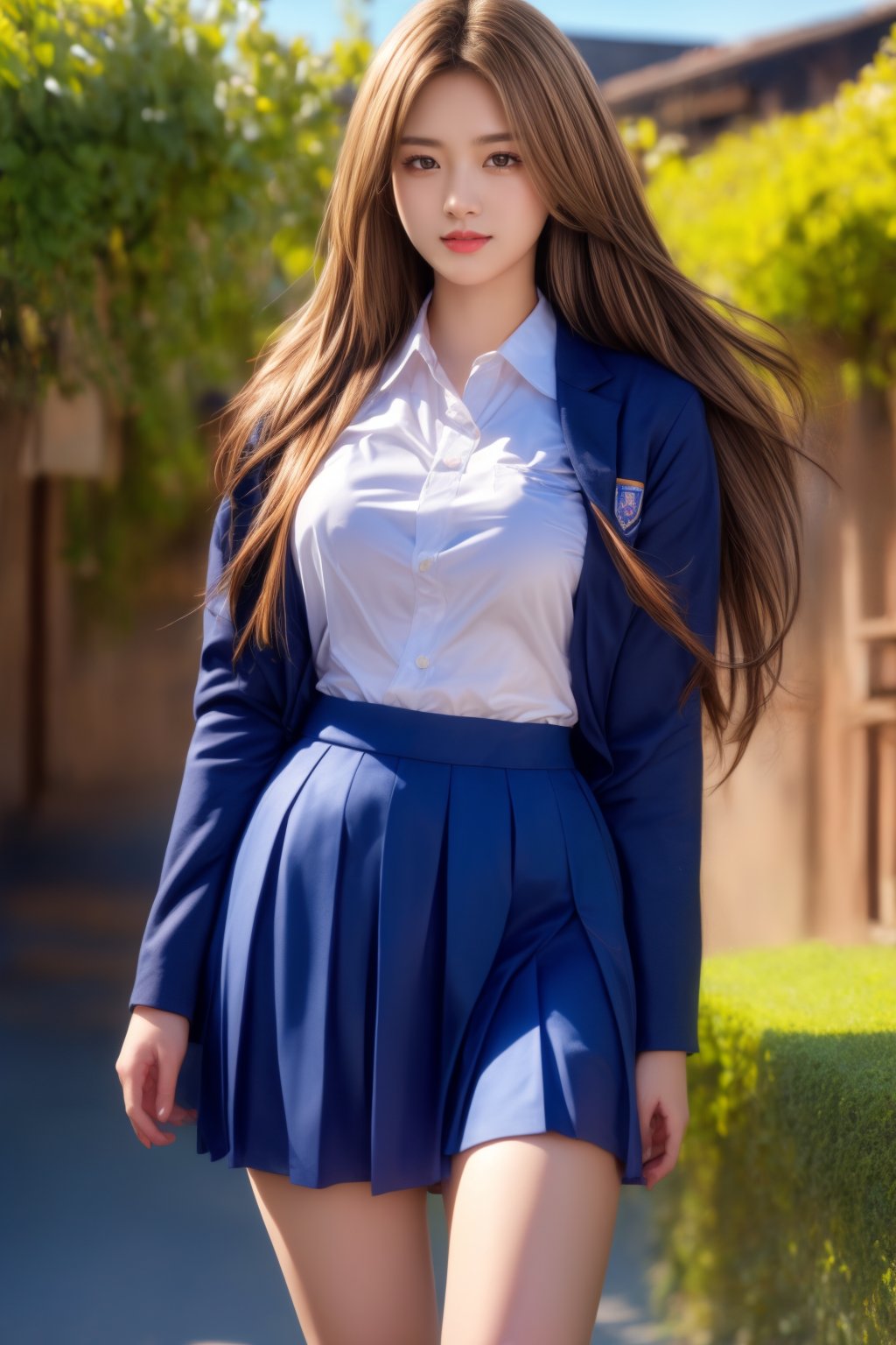 village girl wearing school uniform, light golden-brown hairs,smily face, attractive, flirting, looking at viewer, portrait, photography, detailed skin, realistic, photo-realistic, 8k, highly detailed, full length frame, High detail RAW color art, diffused soft lighting, sharp focus, hyperrealism, cinematic lighting,photorealistic,1 girl