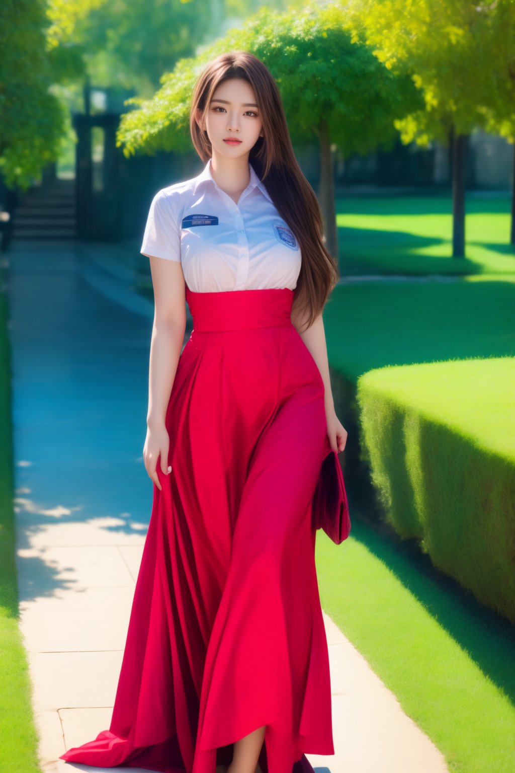 village girl wearing school uniform, light golden-brown hairs,smily face, housemaid, walking on the flower park, red dress, attractive, flirting, looking at viewer, portrait, photography, detailed skin, realistic, photo-realistic, 8k, highly detailed, full length frame, High detail RAW color art, diffused soft lighting, sharp focus, hyperrealism, cinematic lighting,photorealistic,1 girl