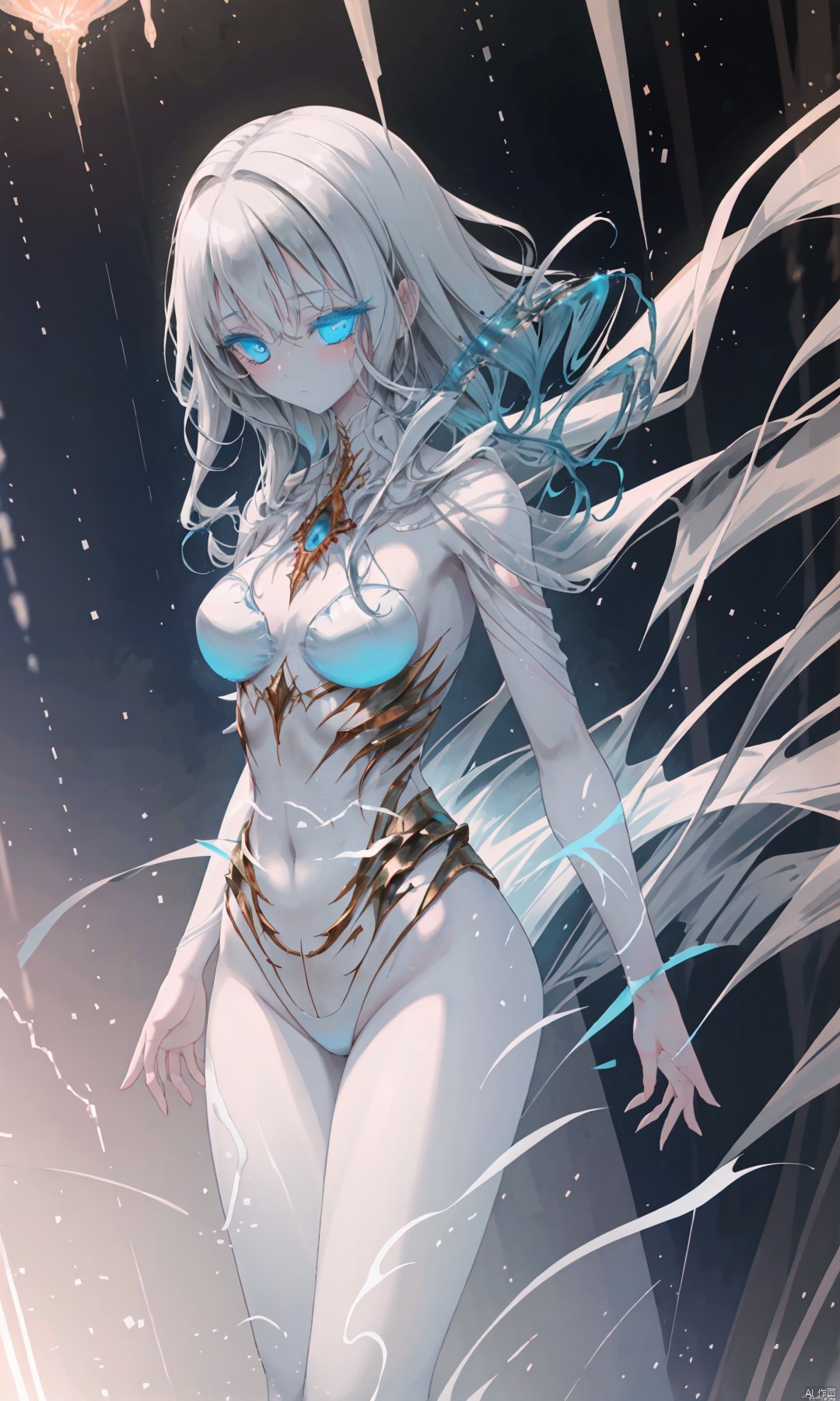 composed of elements of thunder, thunder, electricity, Create a spectral woman with a (translucent appearance:1.3), Her form is barely tangible, with a soft glow emanating from her gentle contours, The surroundings subtly distort through her ethereal presence, casting a dreamlike ambiance, (white hair:0.1), , ((BLUE eyes)), ((glowing)),  Apricot eye,<lora:EMS-261122-EMS:0.700000>,<lora:EMS-284835-EMS:0.600000>