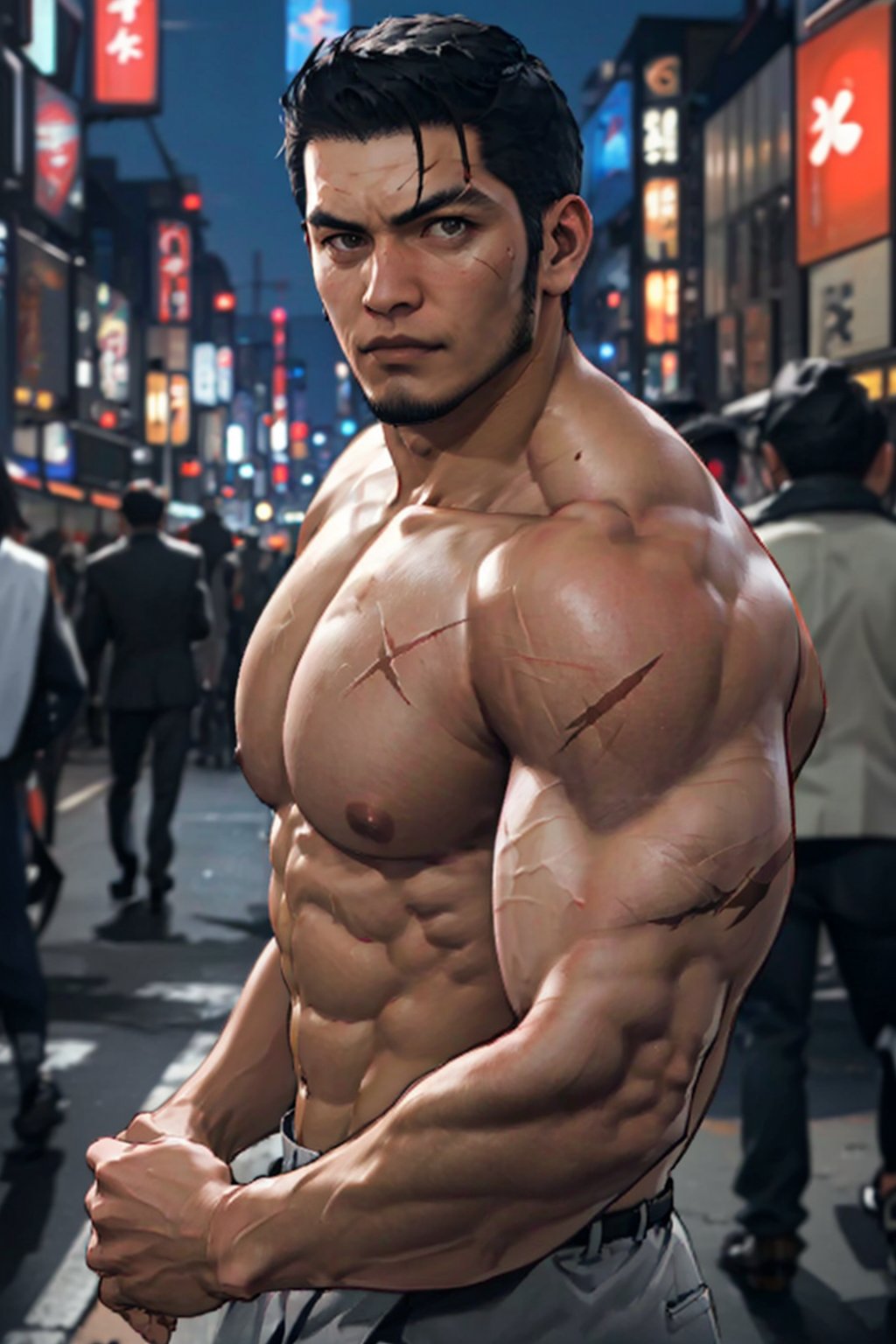 (1 image only), solo male, 1boy, Masaharu Kaito, Yakuza, 38 years old, Asian, Japanese, brown eyes, black hair, short hair, cropped black hair, chinstrap beard, small scar cuts through left eyebrow, handsome, tall and muscular build, (topless, shirtless), light grey dress pants, black slip-on leather loafers, fit body, mature, manly, hunk, masculine, virile, confidence, charming, alluring, upper body in frame, night at Kabukicho Tokyo, perfect anatomy, perfect proportions, 8k, HQ, (best quality:1.5, hyperrealistic:1.5, photorealistic:1.4, madly detailed CG unity 8k wallpaper:1.5, masterpiece:1.3, madly detailed photo:1.2), (hyper-realistic lifelike texture:1.4, realistic eyes:1.2), high_resolution, picture-perfect face, perfect eye pupil, detailed eyes, perfecteyes, perfecteyes, dutch angle