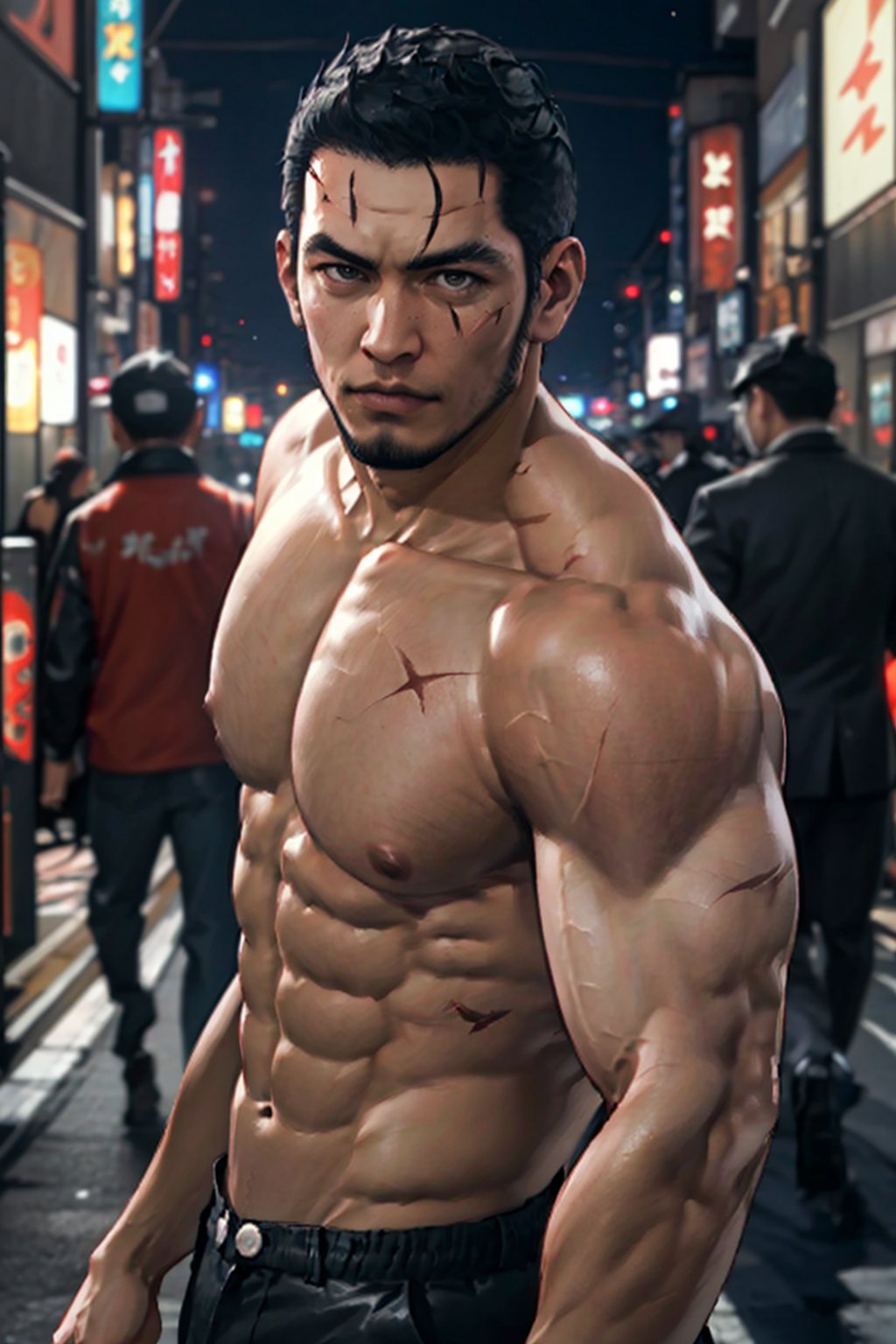 (1 image only), solo male, 1boy, Masaharu Kaito, Yakuza, 38 years old, Asian, Japanese, brown eyes, black hair, short hair, cropped black hair, chinstrap beard, small scar cuts through left eyebrow, handsome, (topless, shirtless), light grey dress pants, black slip-on leather loafers, fit body, mature, manly, hunk, masculine, virile, confidence, charming, alluring, upper body in frame, night at Kabukicho Tokyo, perfect anatomy, perfect proportions, 8k, HQ, (best quality:1.5, hyperrealistic:1.5, photorealistic:1.4, madly detailed CG unity 8k wallpaper:1.5, masterpiece:1.3, madly detailed photo:1.2), (hyper-realistic lifelike texture:1.4, realistic eyes:1.2), high_resolution, picture-perfect face, perfect eye pupil, detailed eyes, perfecteyes, perfecteyes, dutch angle