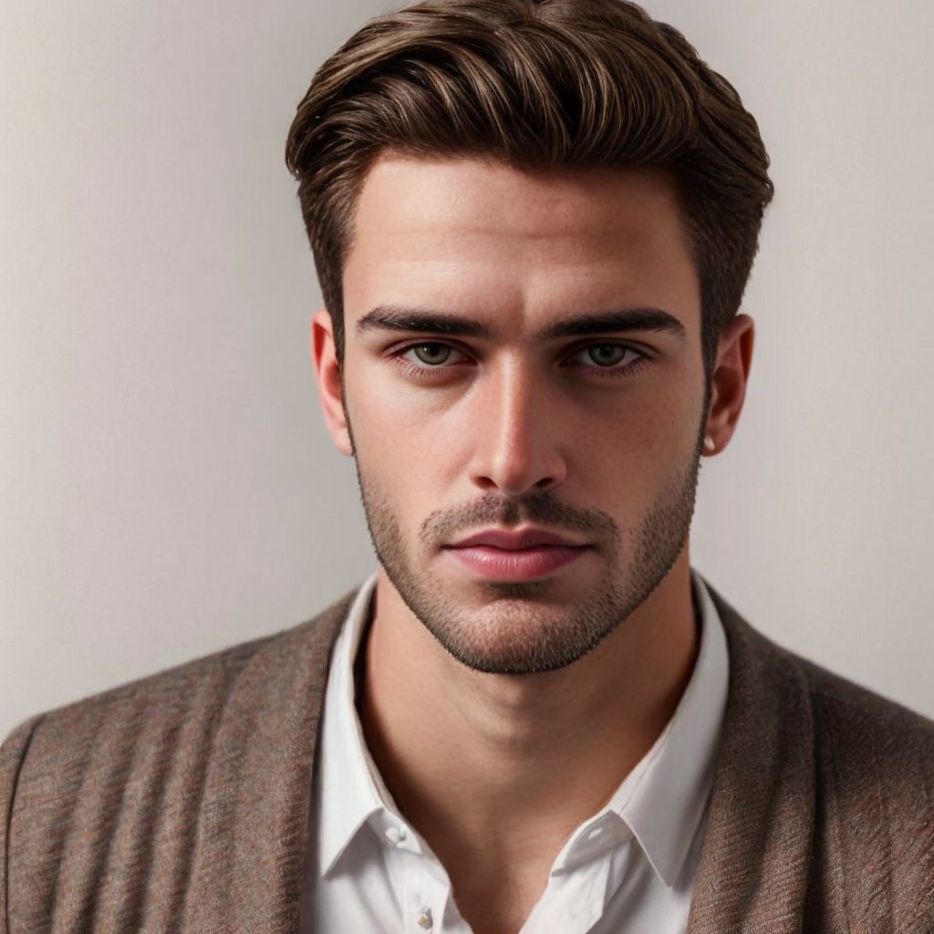 a handsome man, thick eyebrows, looking at the viewer, white_background, realistic, photorealistic, European man, soft aesthetic, innocent, Miguel, Realism, portrait,