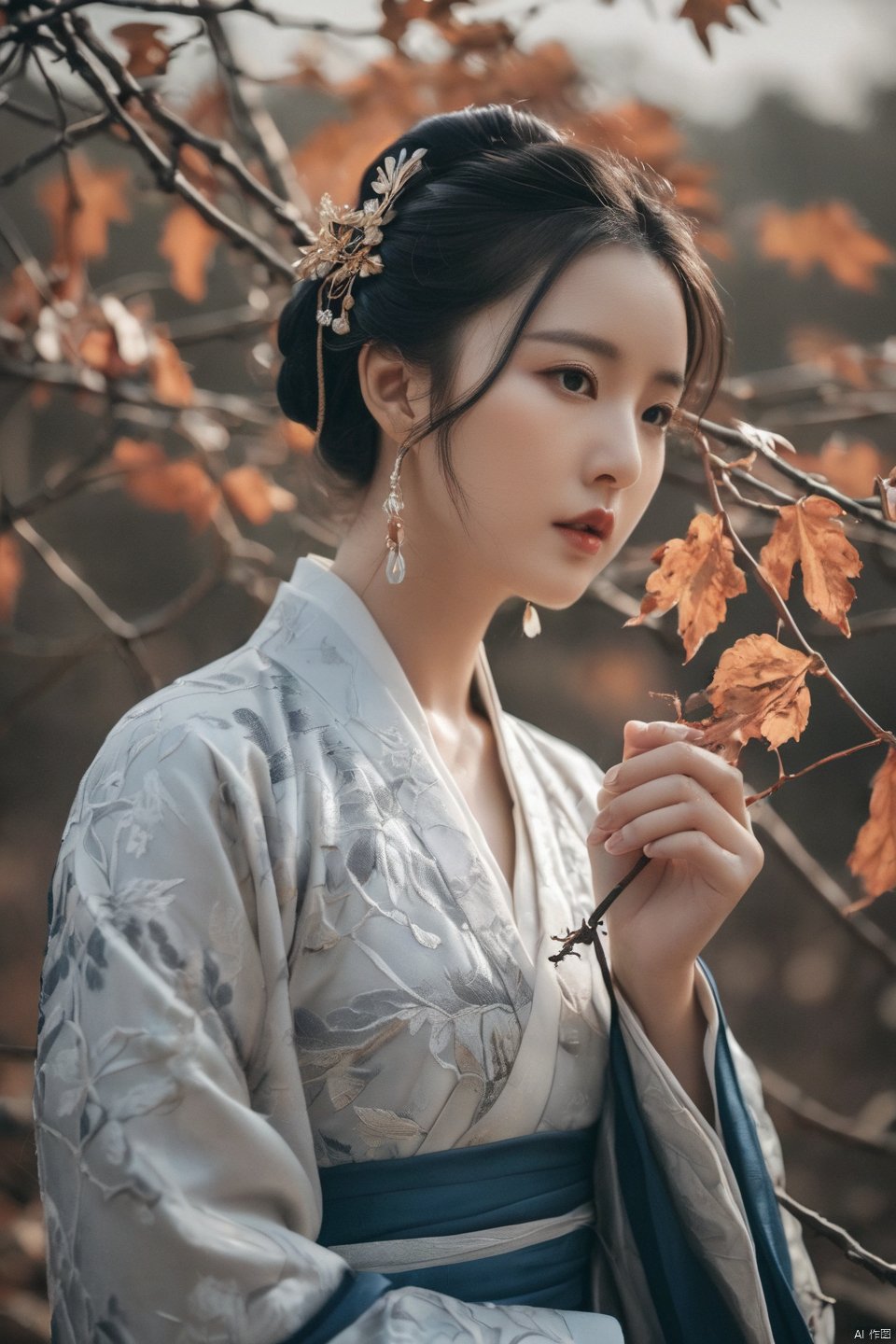  Fashion editorial style a asian girl with hanfu ruqun,Jin style, joint brand, ribbon, Withered leaves, old vines, plant illustration, splash ink,High fashion, trendy, stylish, editorial, magazine style, professional, highly detailed, cinematic lighting, Dramatic lighting