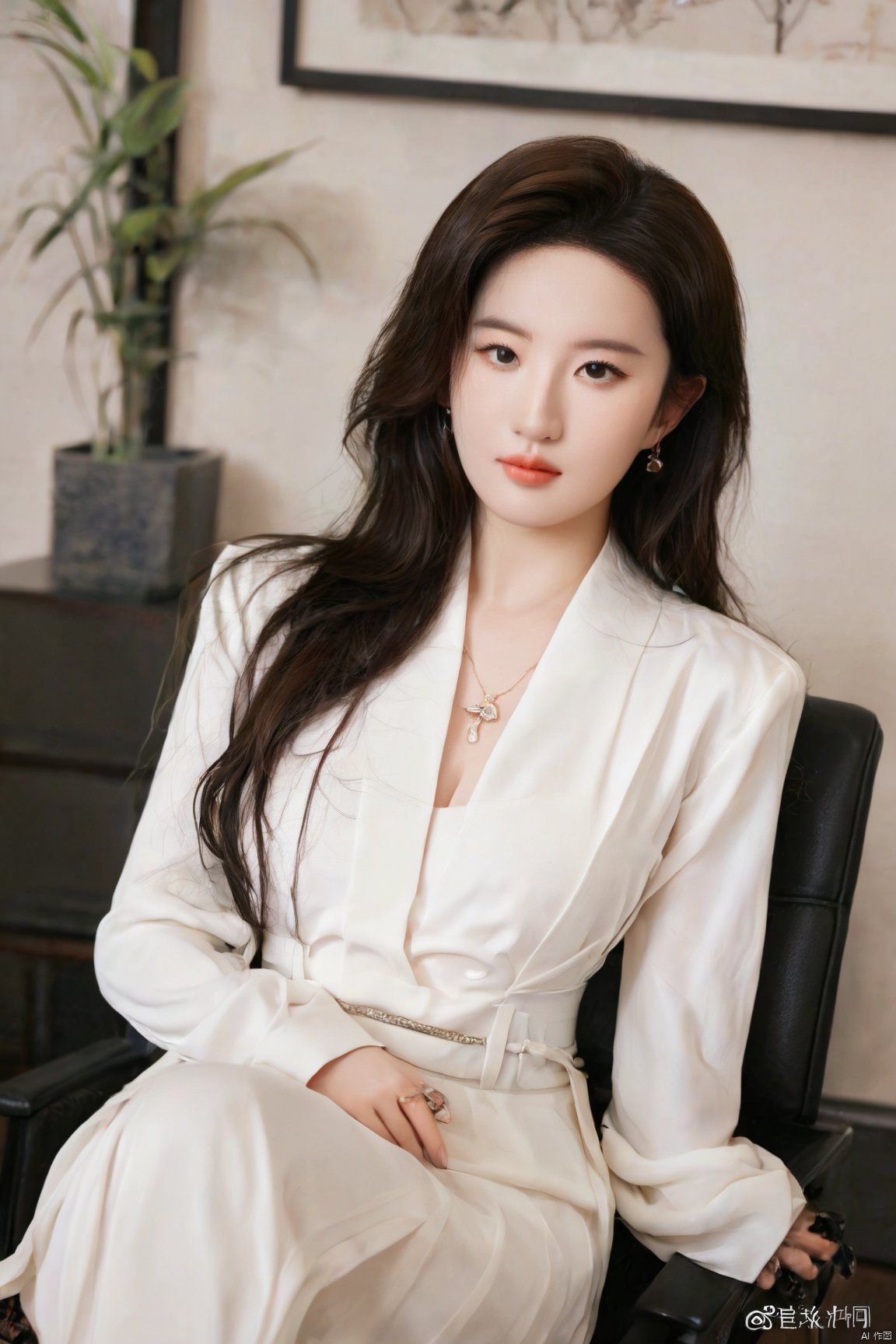  (upper body:1.3), liuyifei,flowers,masterpiece, best quality, ultra-detailed, ultra high res,8k, (photorealistic:1.2), RAW photo, extremely detailed, 1 girl, (18_years_old),(172cm tall), (((elegant))), (round face:1.3), (long hair), black hair, curly hair, seductive smile, beautiful detailed eyes, beautiful detailed face,(white shirt),suit jacketlexious,necklace,diamond ring,bracelets,earrings, large breasts, slender waist, long legs,thick legs,plump,strong abs,(high heels:1.3),(pantyhose:1.3),(in the office),sitting on a chair,cross legs,lighting on face, bright back lighting, liu yifei