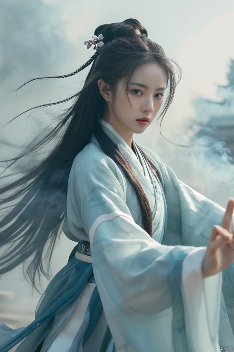  ,wuxia girl,hanfu dress hem resembling smoke,fractal art,long hair,cyclone,arm up,battle stance,close-up,looking at viewer