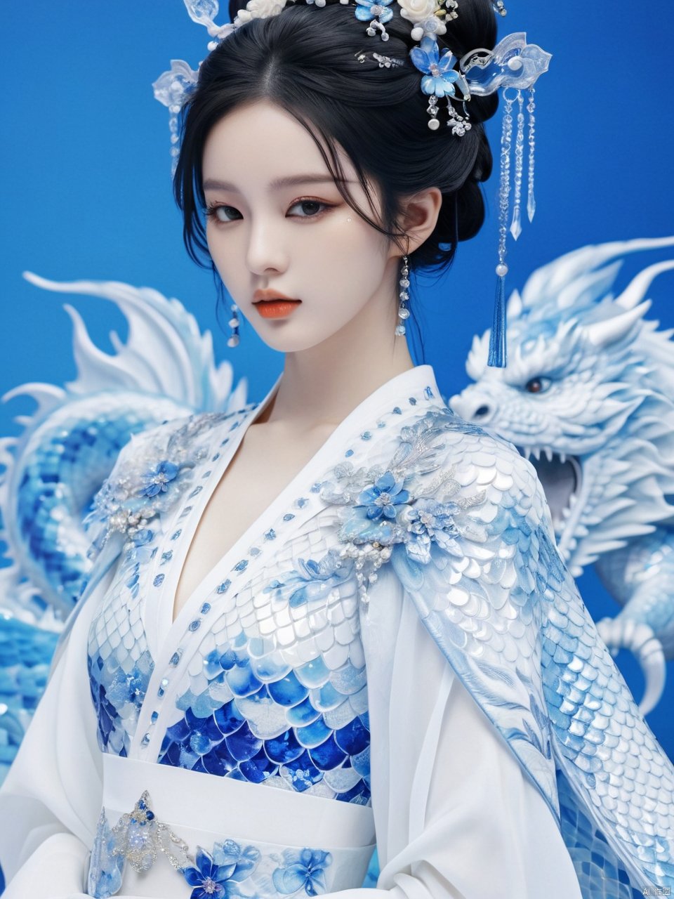  Transparent blue and white porcelain PVC skin, transparent blue and white porcelain colored skin scales, prisms, holography, color difference, fashion illustrations, masterpieces, Chinese dragon and Harajuku fashion, looking at the audience, 8k, super detailed, pixiv