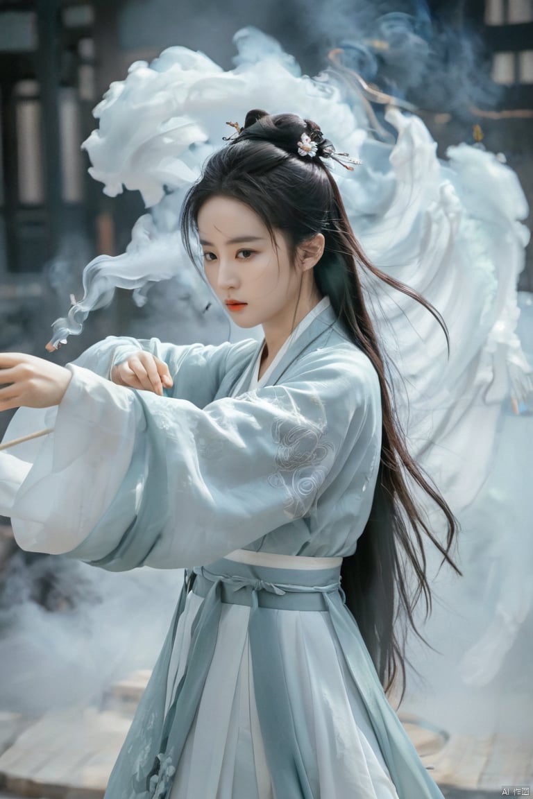  ,wuxia girl,hanfu dress hem resembling smoke,fractal art,long hair,cyclone,arm up,battle stance,close-up,looking at viewer, liuyifei