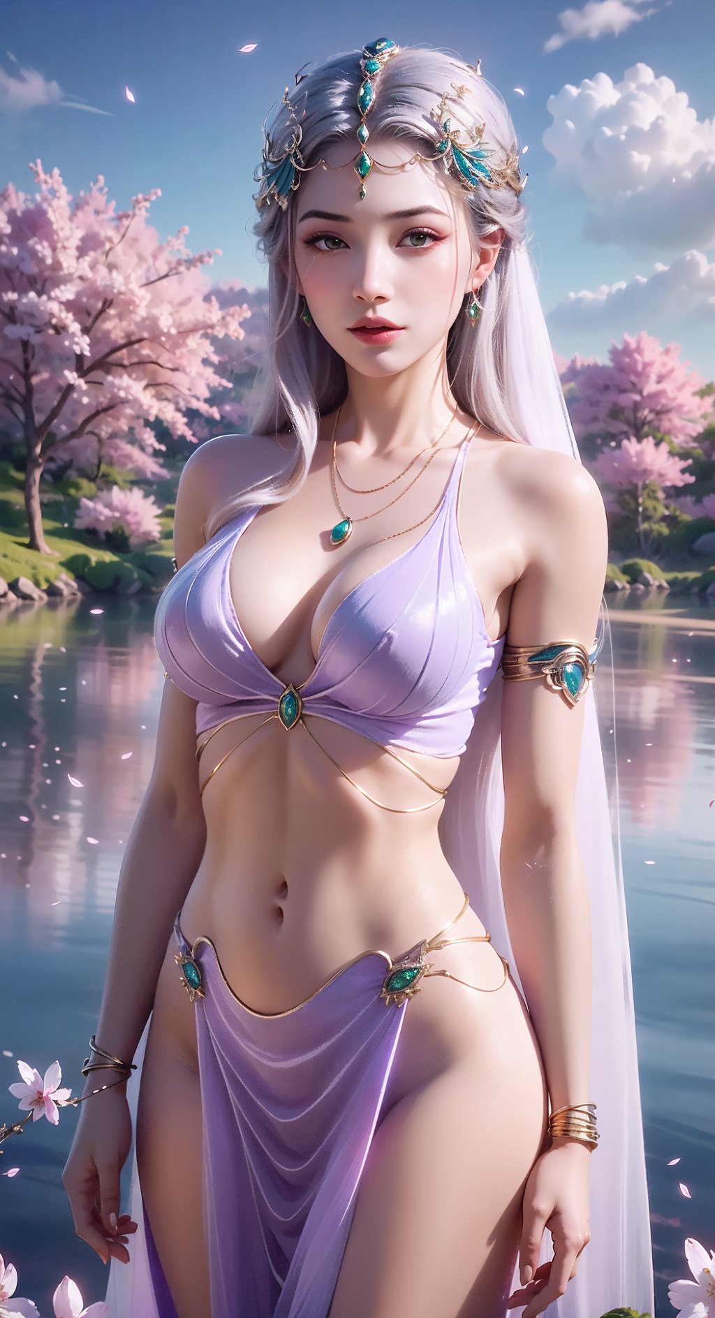 (1girl, pov,best quality,masterpiece, ),((cherry blossoms)),ultra realistic 8k cg,flawless,clean,masterpiece,professional artwork,famous artwork,cinematic lighting,cinematic bloom,perfect face,beautiful face,fantasy,dreamlike,unreal,science fiction,luxury,jewelry,diamond,gold,pearl,gem,sapphire,ruby,emerald,intricate detail,delicate pattern,charming,alluring,seductive,erotic,enchanting,hair ornament,necklace,earrings,bracelet,armlet,halo,autumn leaves,seaside,higher breasts,nudity,looking at the audience,panorama,(wide shot:1.3),seven tenths figure,((light purple transparent veil mouth)),