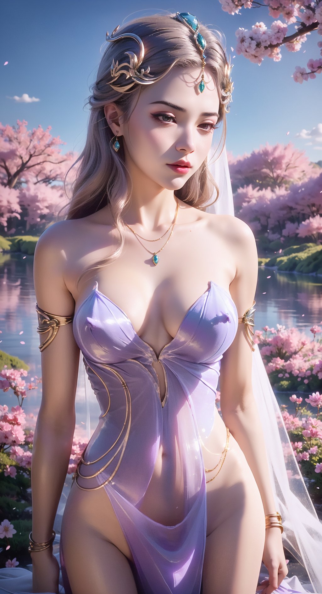 (1girl, pov,best quality,masterpiece, ),((cherry blossoms)),ultra realistic 8k cg,flawless,clean,masterpiece,professional artwork,famous artwork,cinematic lighting,cinematic bloom,perfect face,beautiful face,fantasy,dreamlike,unreal,science fiction,luxury,jewelry,diamond,gold,pearl,gem,sapphire,ruby,emerald,intricate detail,delicate pattern,charming,alluring,seductive,erotic,enchanting,hair ornament,necklace,earrings,bracelet,armlet,halo,autumn leaves,seaside,higher breasts,nudity,looking at the audience,panorama,(wide shot:1.3),seven tenths figure,((light purple transparent veil mouth)), ((nsfw:1.1)), (nude:1.1),