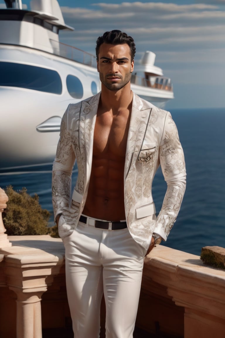 In front of a private ship, a strikingly attractive man dressed in an elegant suit stands, exuding an air of refinement and allure. Surrounding him are a group of stunningly beautiful women, gracefully dancing in their vibrant bikinis. The image, perhaps a captivating photograph, captures the essence of luxury and sophistication. Every meticulous detail is brought to life—the man's chiseled features, his impeccably tailored suit, and the breathtaking backdrop of the cliff. This impeccably captured scene emanates a sense of top-notch quality, enticing viewers into a world of opulence and glamour.,Realism,photorealistic