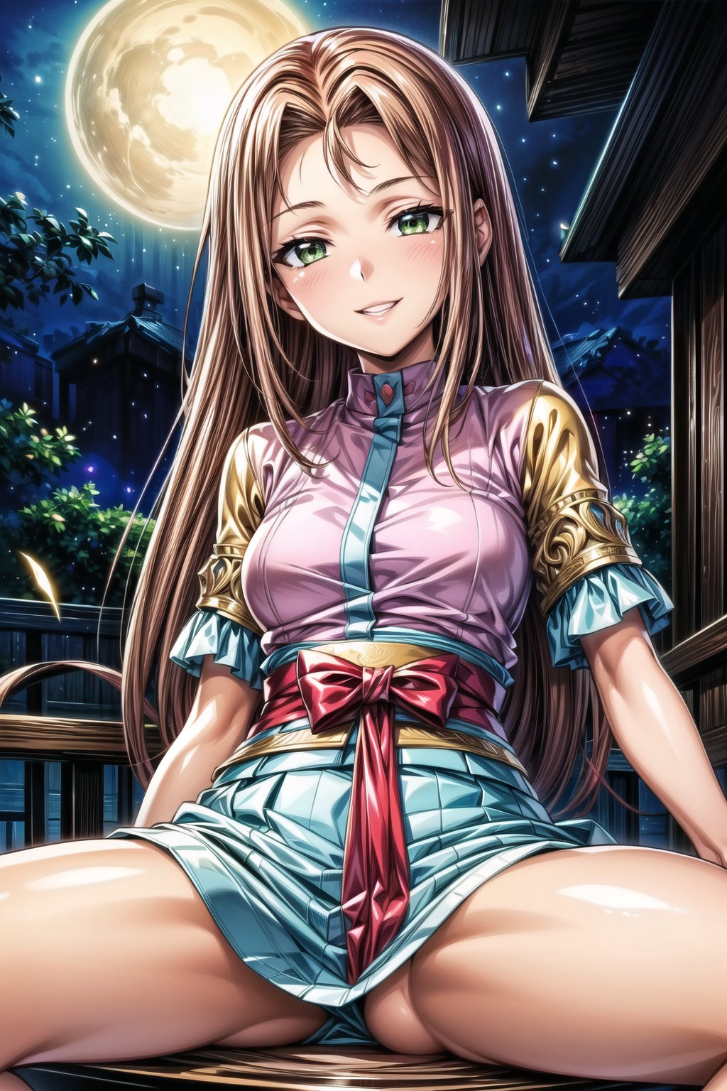 ((best quality)),  ((highly detailed)), masterpiece,  ((official art)), ultra-detailed,1girl, night, solo,  ((sitting, spread legs,)), smile, looking at viewer, jewelry, parted lips lips, evil smile, evil girl, crazy, long hair,masterpiece,edgGesugao,  (beautiful detailed girl), cowboy shot, extremely delicate and beautiful, highres, original, , serenitydm, long hair, brown hair, shrine_maiden, , miko. upper body, green_eyes, white_dress