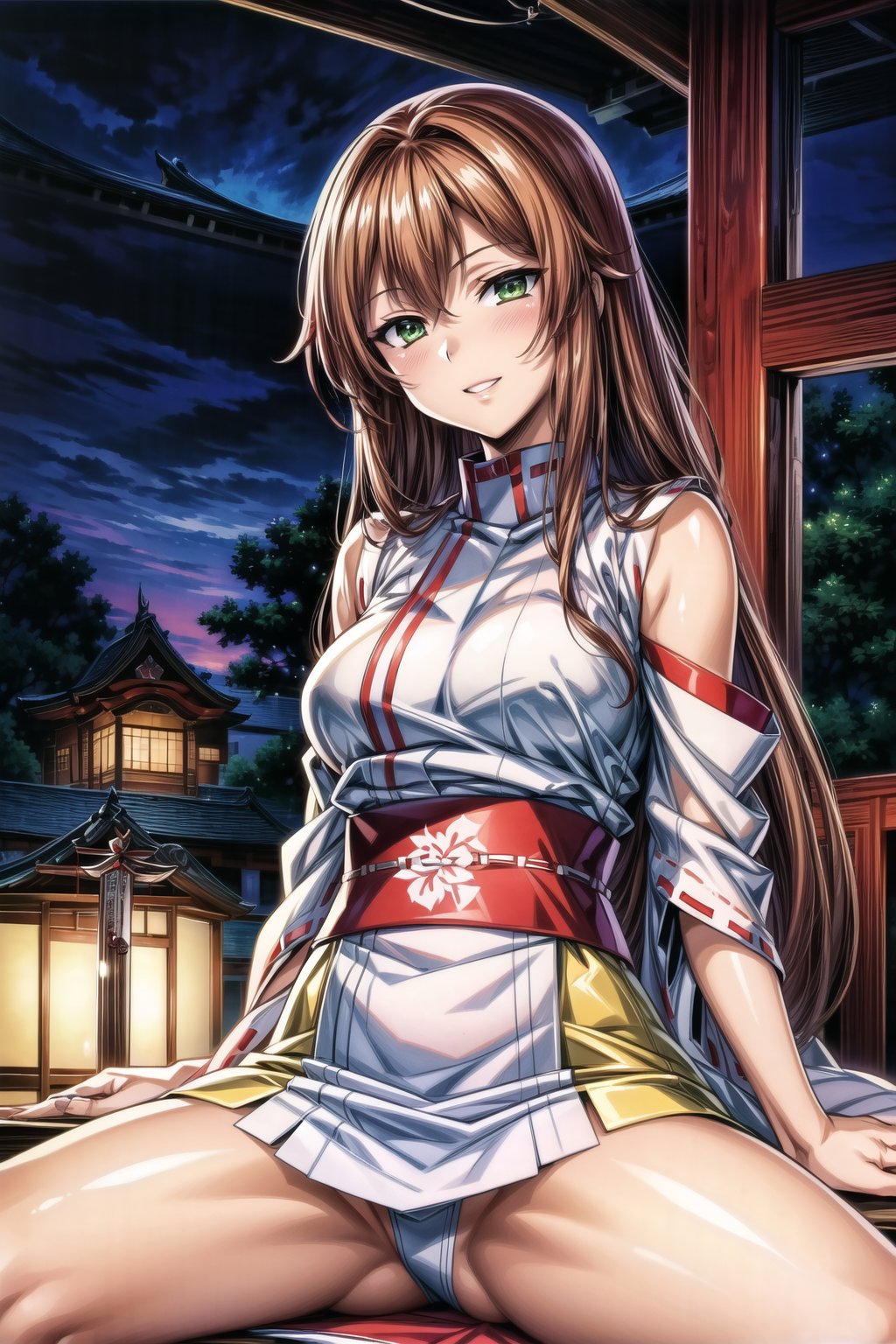 ((shrine_maiden)), ((miko)), ((best quality)),  ((highly detailed)), masterpiece,  ((official art)), ultra-detailed,1girl, night, solo,  ((sitting, spread legs,)), smile, looking at viewer, jewelry, parted lips lips, evil smile, evil girl, crazy, long hair,masterpiece,edgGesugao,  (beautiful detailed girl), cowboy shot, extremely delicate and beautiful, highres, original, , serenitydm, long hair, brown hair, shrine_maiden, , miko. upper body, green_eyes, white_dress