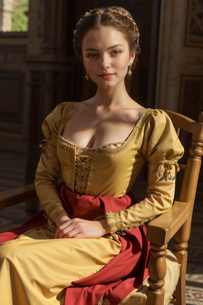 Sitting on chair,Full body view,Perfect photography of girl 20 year old, wearing long renaissance dress,wearing edgRenaissance,edgRenaissance, detailed dress, detailed face, detailed hands, perfect light, masterpiece, 8k, highest quality 