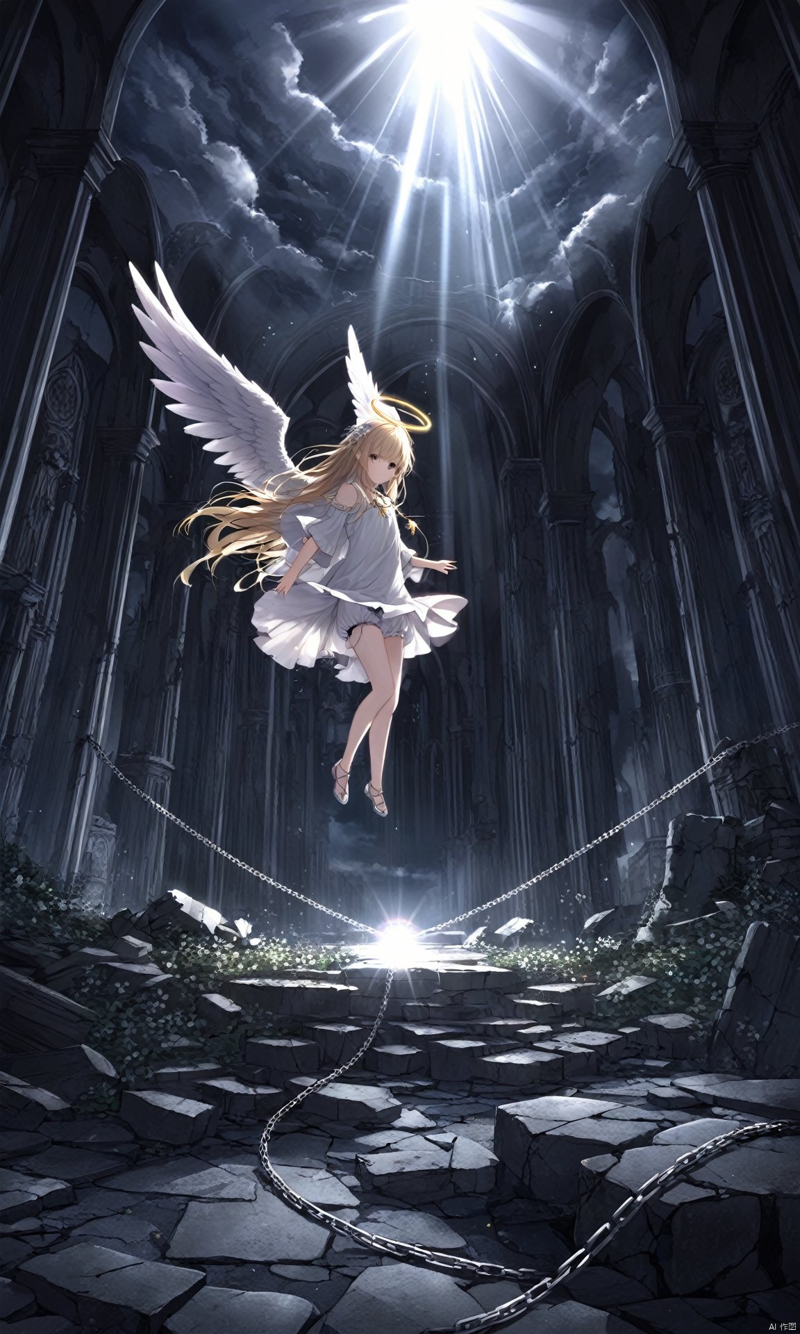 (masterpiece), (best quality), illustration, ultra detailed, hdr, Depth of field, (colorful), (sunlight), (angel), dynamic angle, floating, wing, halo, floating white silk, (Holy Light), silver stars, 1girl, chain ring, chain storm, dark chain, ((wholeblack bloomer)), darkside, night, deep dark, darkness, ((dark clouds)), ((ruins)), shadow, death garden,