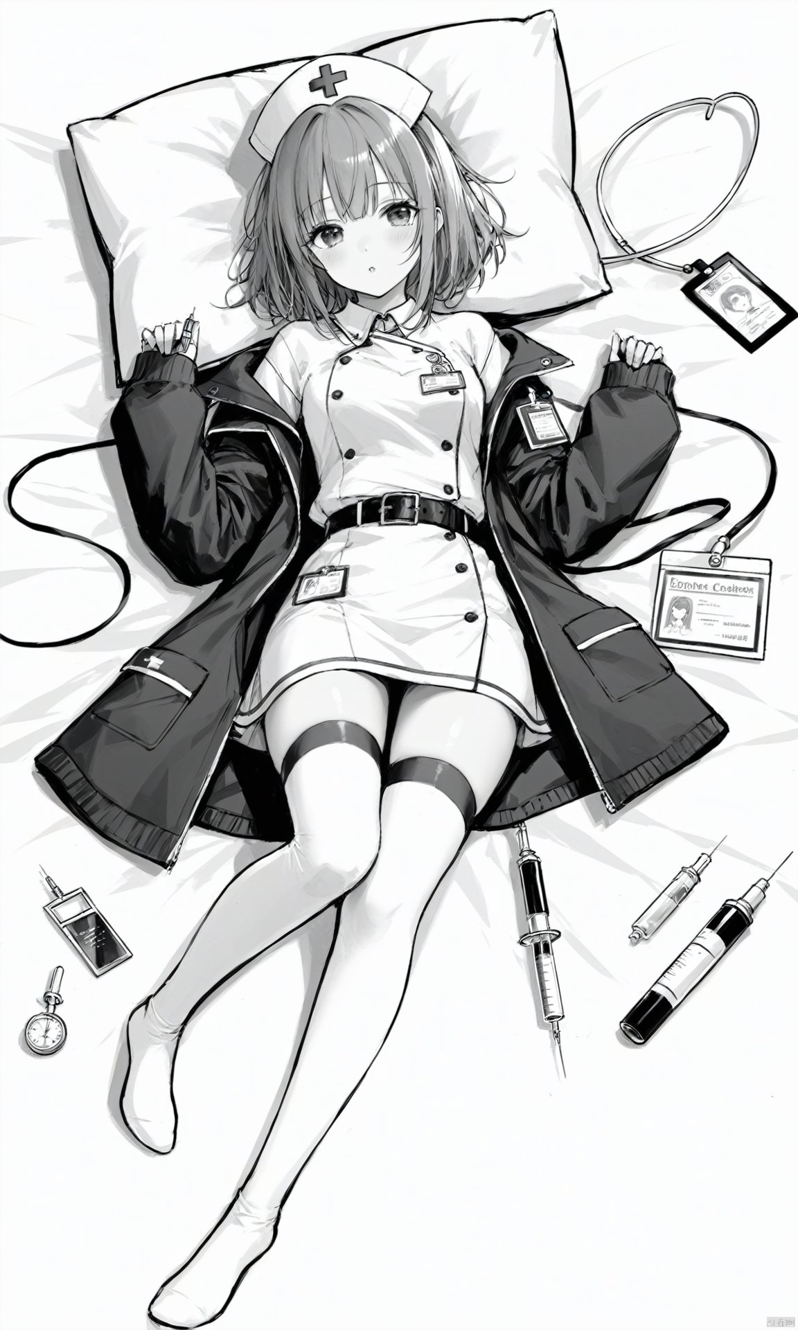 (masterpiece), (best quality), 1girl, nurse cap, thighhighs, hat, nurse, monochrome, greyscale, jacket, looking at viewer, lying, on back, blush, pillow, belt, full body, medium hair, traditional media, open clothes, open jacket, sketch, off shoulder, dress, id card, syringe, bangs, no shoes, long sleeves,