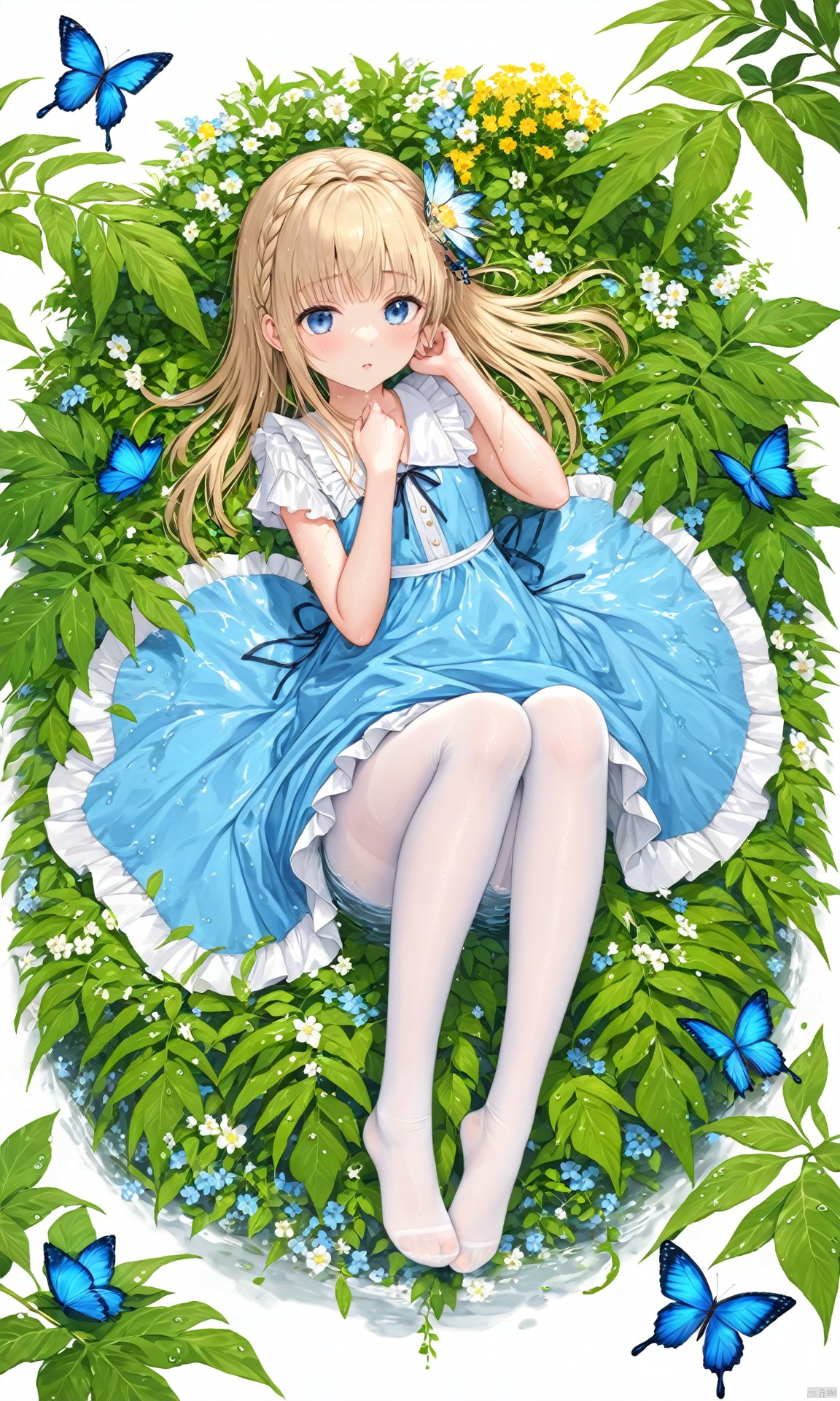 (masterpiece), (best quality), illustration, ultra detailed, hdr, Depth of field, (colorful),  loli,1girl,loli,spread legs,white background,from above, plant, dress flip, no shoes,feet,braid, border,white pantyhose,head lift, liquid, wet ,blue butterfly, flowers, full body,