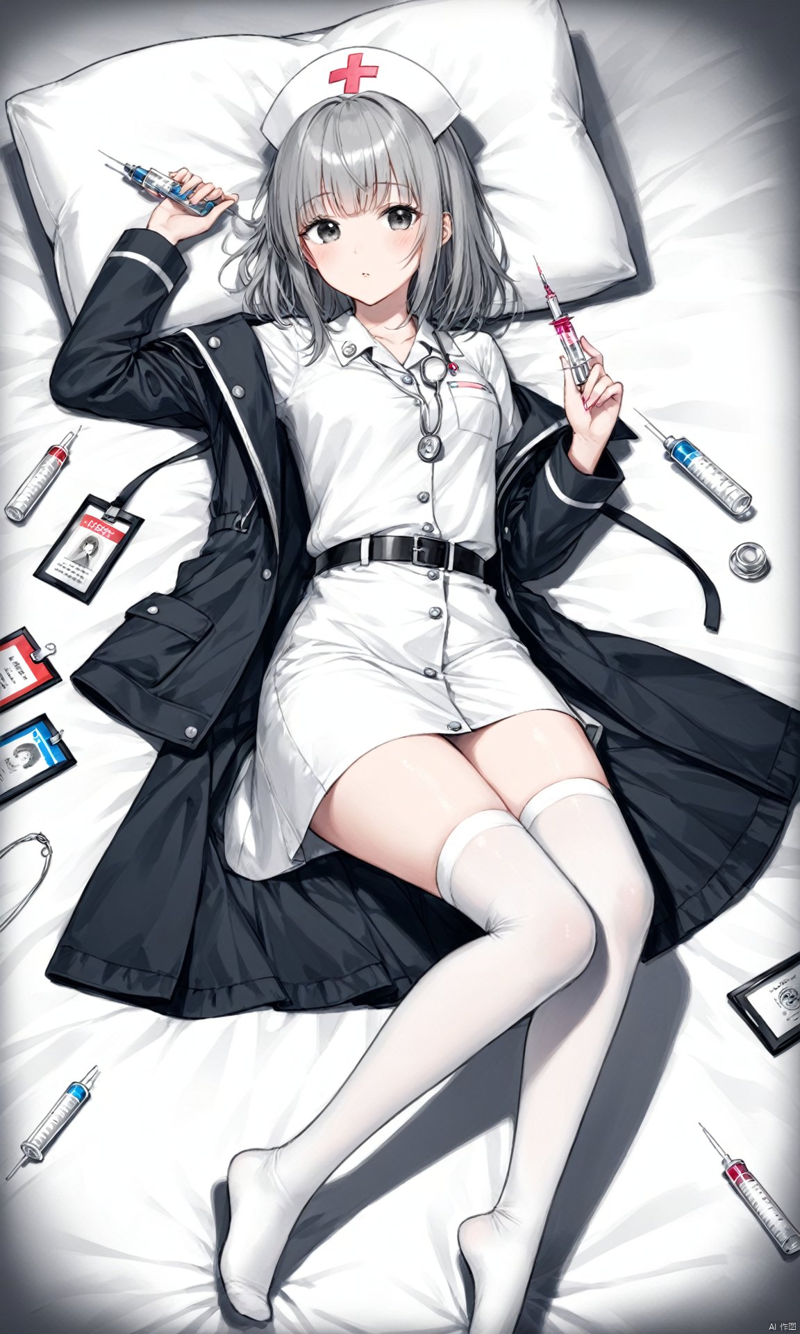 (masterpiece), (best quality), illustration, ultra detailed, hdr, Depth of field, (colorful), 1girl, nurse cap, thighhighs, hat, nurse, monochrome, greyscale, jacket, looking at viewer, lying, on back, blush, pillow, belt, full body, medium hair, traditional media, open clothes, open jacket, sketch, off shoulder, dress, id card, syringe, bangs, no shoes, long sleeves