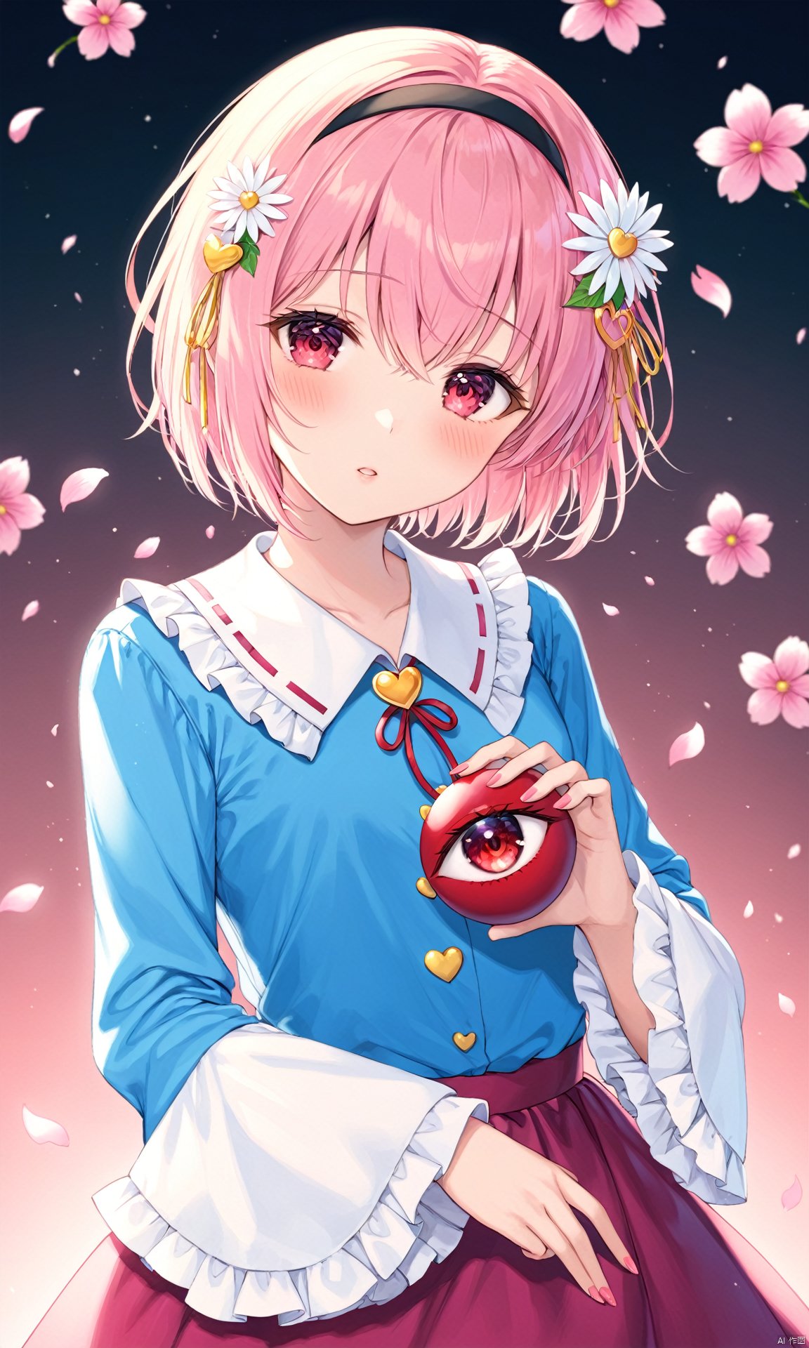 (masterpiece), (best quality), illustration, ultra detailed, hdr, Depth of field, (colorful), 1girl, solo, looking at viewer, blush, short hair, bangs, skirt, shirt, hair ornament, red eyes, long sleeves, hair between eyes, upper body, pink hair, flower, heart, hairband, frills, parted lips, wide sleeves, pink eyes, gradient, petals, gradient background, leaf, black hairband, blue shirt, white flower, frilled sleeves, third eye, pink flower, frilled shirt collar, heart hair ornament, komeiji satori
