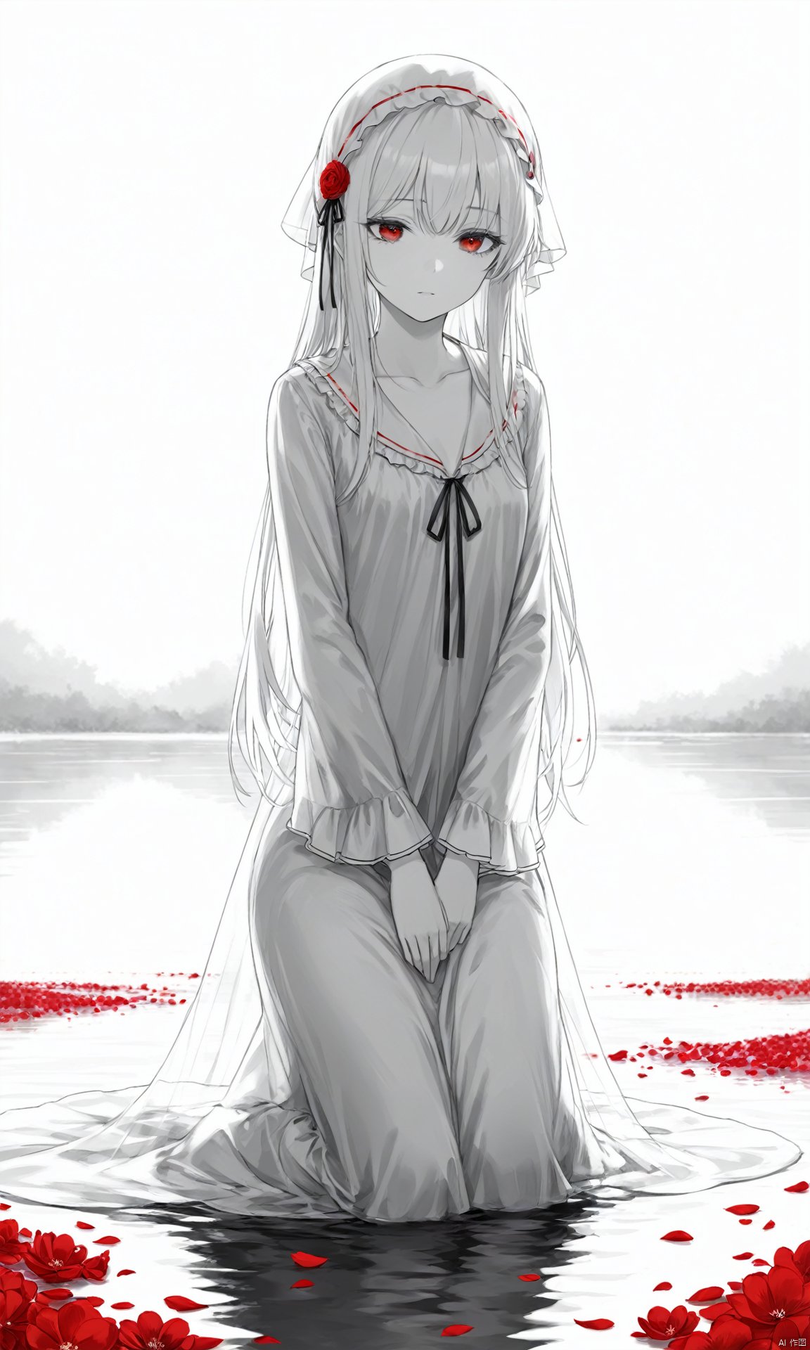 (masterpiece), (best quality), illustration, ultra detailed, hdr, Depth of field, (colorful), 1girl, red eyes, white long translucent night gown, expressionless, (white hair), hair cover one eye, long hair, red hair flower, kneeling on lake, blood, (plenty of red petals:1.35), (white background:1.5), (English text), greyscale, monochrome, greyscale, monochrome, sketch