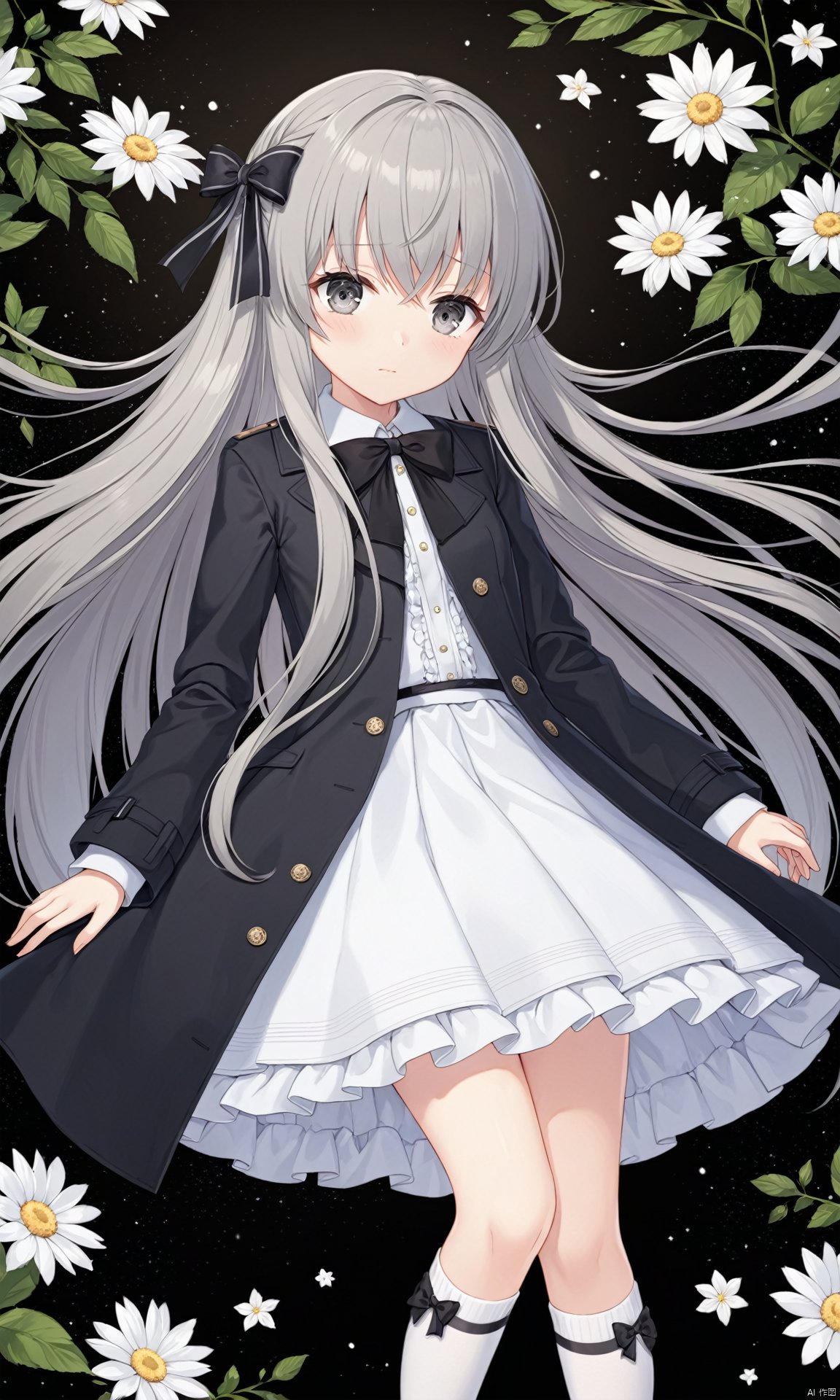 (masterpiece), (best quality), illustration, ultra detailed, hdr, Depth of field, (colorful), loli,  (1girl:0.6), thin, very long hair, black and grey hair, grey eyes, (detailed eyes), small breasts, black coat, white lining, white skirt, socks, closed mouth, (sad), star, Bow head, white flower, (black background), masterpiece, best quality, official art, extremely detailed CG unity 8k wallpaper, cozy anime,