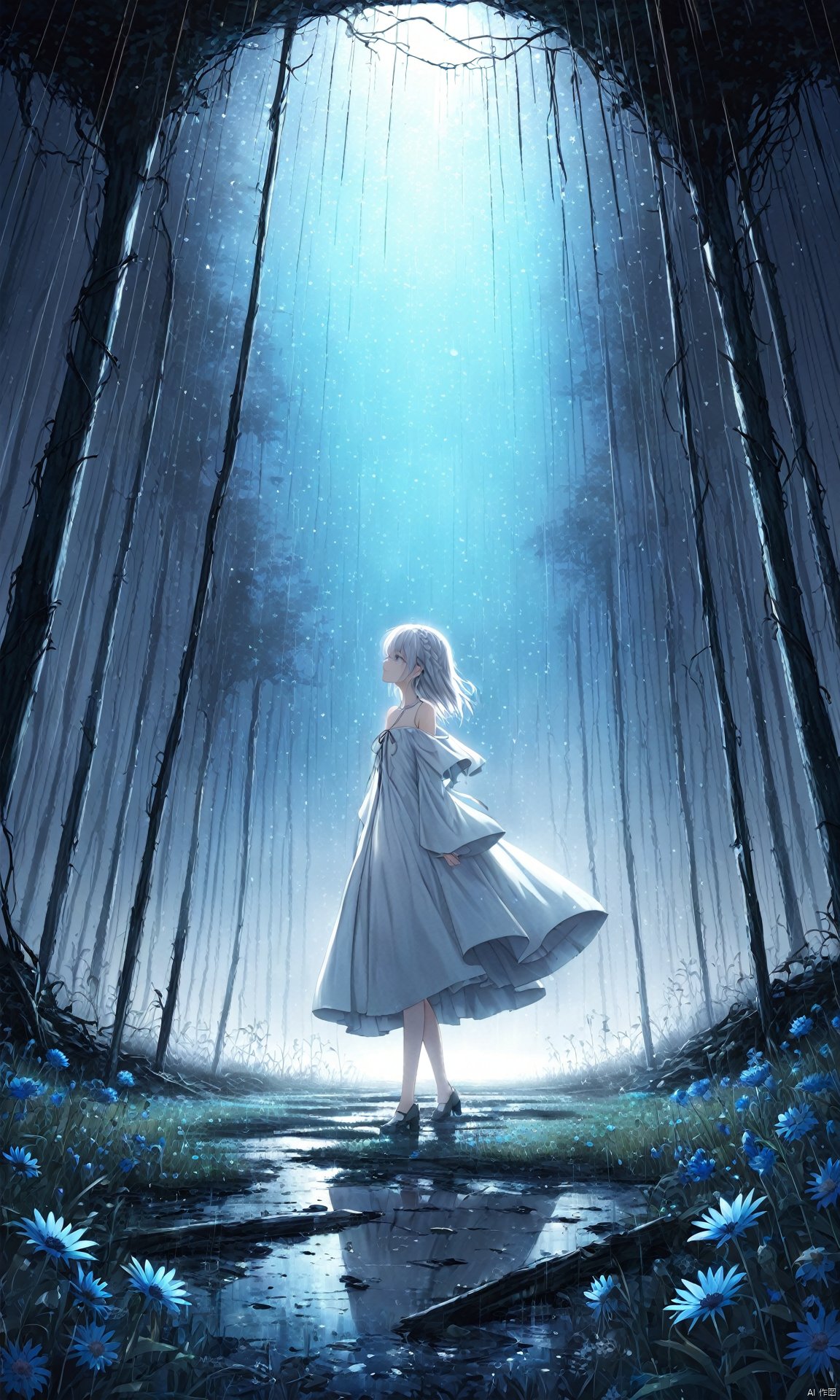 (masterpiece), (best quality), illustration, ultra detailed, hdr, Depth of field, (colorful), In the dark of the late night, under a light rain, a solitary figure stands amidst the ruins of a forest. Cornflowers dot the damp ground, while vines creep around broken walls. The picture is blurred, with a lens flare effect adding to the surreal atmosphere. The scene is illuminated with HDR lighting, enhancing its mystique. The surroundings are wet and damp, with broken glass scattered around. The aqua theme is apparent in the color scheme. The figure, a girl with white hair, stands with bare shoulders, wearing a white dress and a white robe. She blinks with closed eyes, her expression serene as she looks up at the sky. Constellations adorn the flat-colored sky above. The girl's hair is styled in a braid, and she stands alone, embodying a sense of calm amidst the surreal setting.,