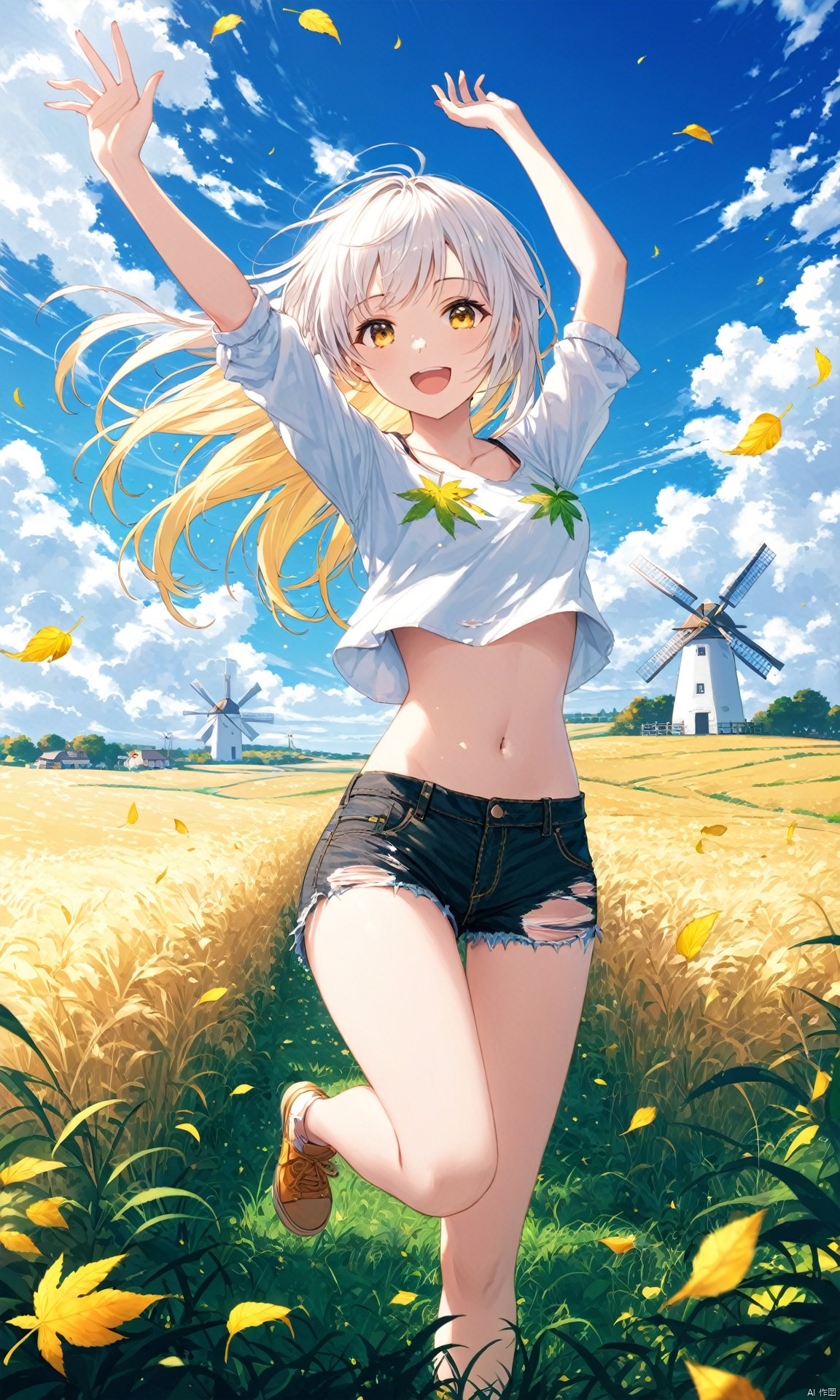  (masterpiece), (best quality), illustration, ultra detailed, hdr, Depth of field, (colorful), 1girl, solo, outdoors, shorts, sky, long hair, cloud, navel, falling leaves, cutoffs, arms up, crop top, smile, grass, windmill, midriff, day, black shorts, long sleeves, floating hair, stomach, wind, blue sky, standing, open mouth, shirt, short shorts, denim, white hair, white shirt, yellow eyes, :d, torn shorts, feet out of frame, looking at viewer, denim shorts, leaf, thighs