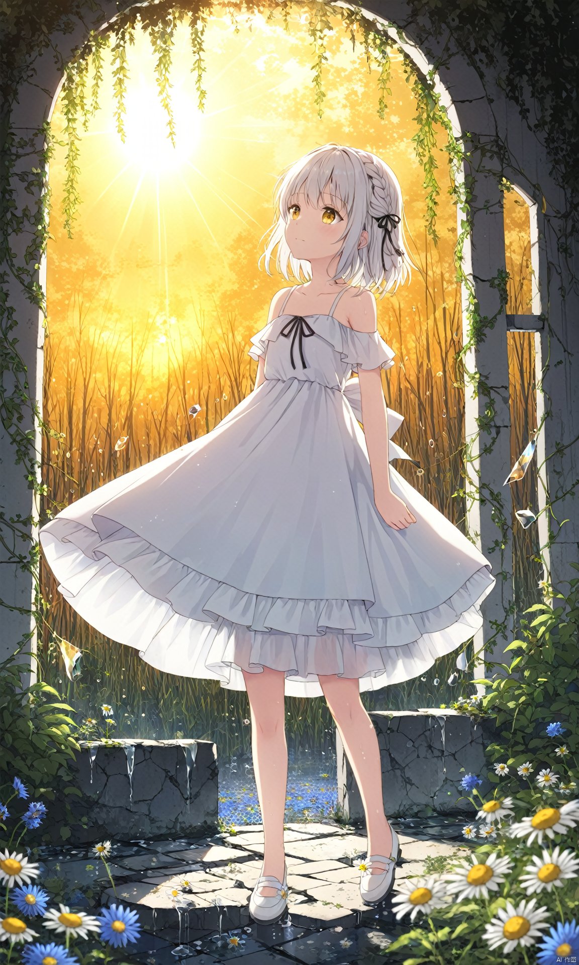 (masterpiece), (best quality), illustration, ultra detailed, hdr, Depth of field, (colorful), loli, yellow theme, the setting sun, Chamomile, Chamomile, cornflower, vines, forest, ruins, lens flare, hdr, Tyndall effect, damp, wet, 1girl, bare shoulders, broken glass, broken wall, white hair, white dress, closed mouth, constel lation, flat color, braid, blinking, white robe, float, closed mouth, constel lation, flat color, looking up, standing, medium hair, standing, solo,