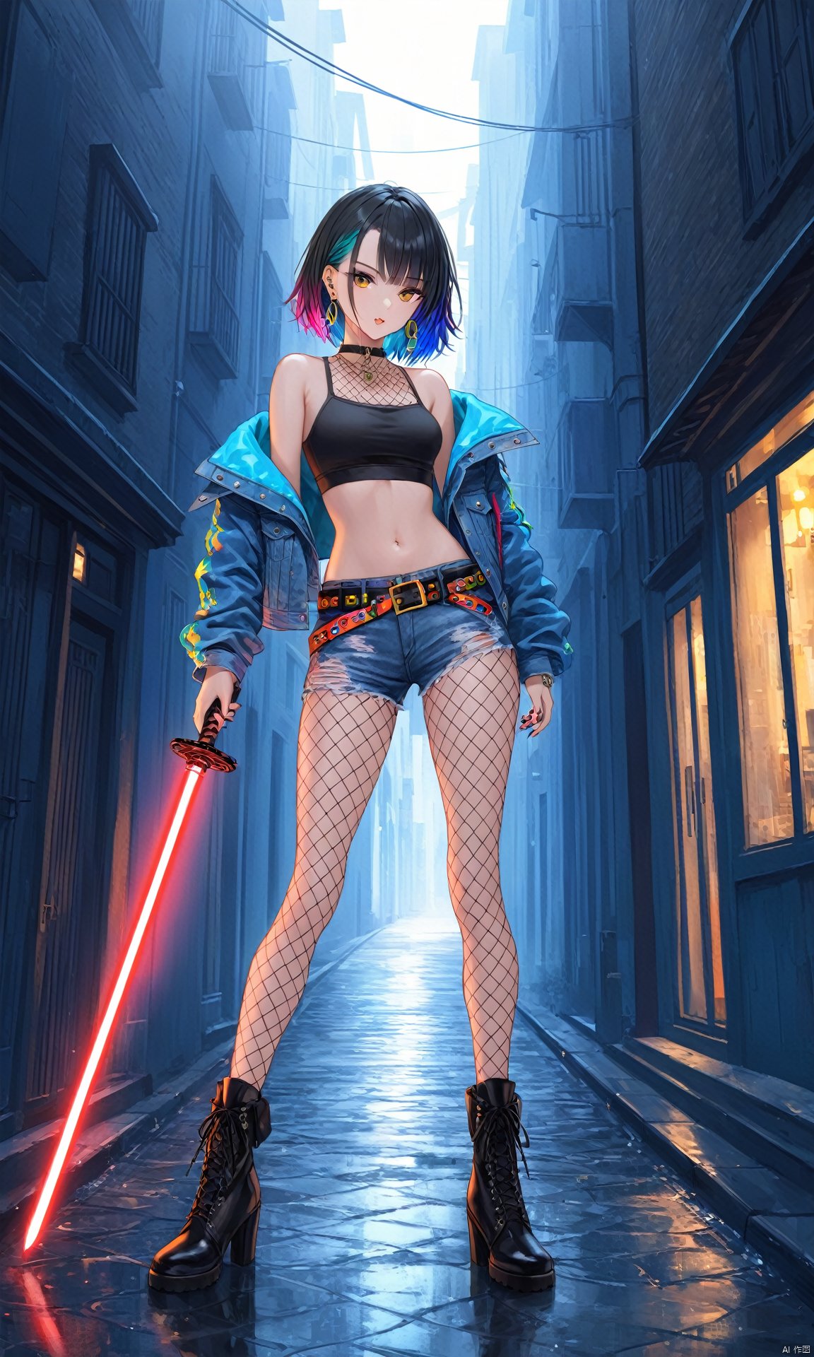 (masterpiece), (best quality), illustration, ultra detailed, hdr, Depth of field, (colorful), 1girl, solo, navel, tattoo, jacket, midriff, belt, pants, holding, lightsaber, boots, energy sword, blue jacket, looking at viewer, full body, jewelry, standing, earrings, multicolored hair, off shoulder, black hair, denim jacket, nail polish, crop top, black footwear, fishnets, bare shoulders, shorts,