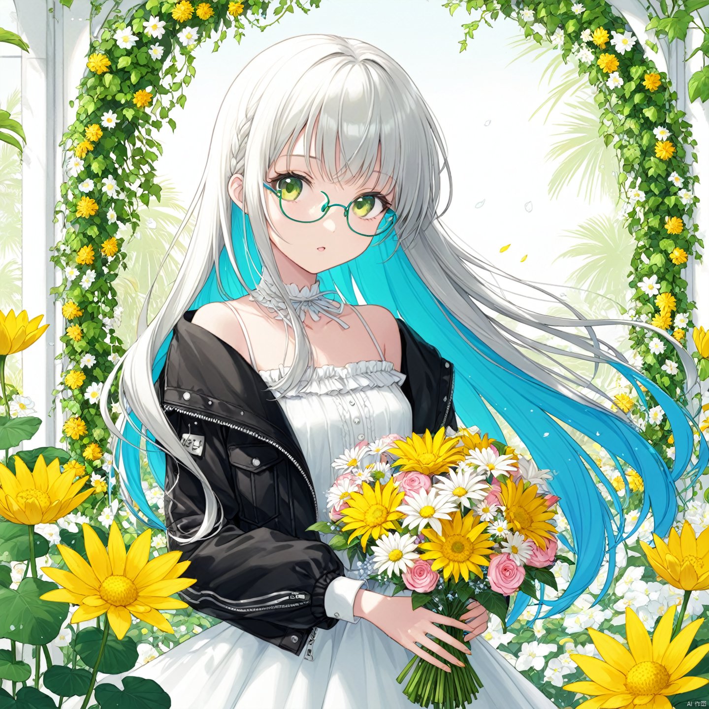  (masterpiece), (best quality), illustration, ultra detailed, hdr, Depth of field, (colorful), loli, 1girl, art_nouveau, bare_shoulders, bouquet, branch, daisy, dandelion, dress, floral_background, flower, flower_pot, green_flower, head_out_of_frame, holding, holding_bouquet, holding_flower, ivy, leaf, lily_\\\\\\\\\\\\\\\\(flower\\\\\\\\\\\\\\\\), lily_of_the_valley, lily_pad, long white_hair, lotus, morning_glory, palm_leaf, palm_tree, petals, plant, potted_plant, puffy_sleeves, rose, solo, (over-rim eyewear:1.5), (sideways mouth:1.5), (breast rest:1.5), sunflower, tulip, upper_body, vase, vines, white_flower, white_rose, yellow_flower, masterpiece, best quality, beautiful detailed hair, beautiful detailed face, beautiful detailed background, beautiful detailed splash, in city, cityscape, 1girl, limited palette, pastel color, many line in hair, shiny skin, sunlight, 2020s, minute details, punk, out doors, looking at viewer, drawing, multicolored back graound, colorful, solo, cowboy shot, jacket, long sleeves, chest, long hair, floating hair, bangs, colored inner hair, aqua theme, official art