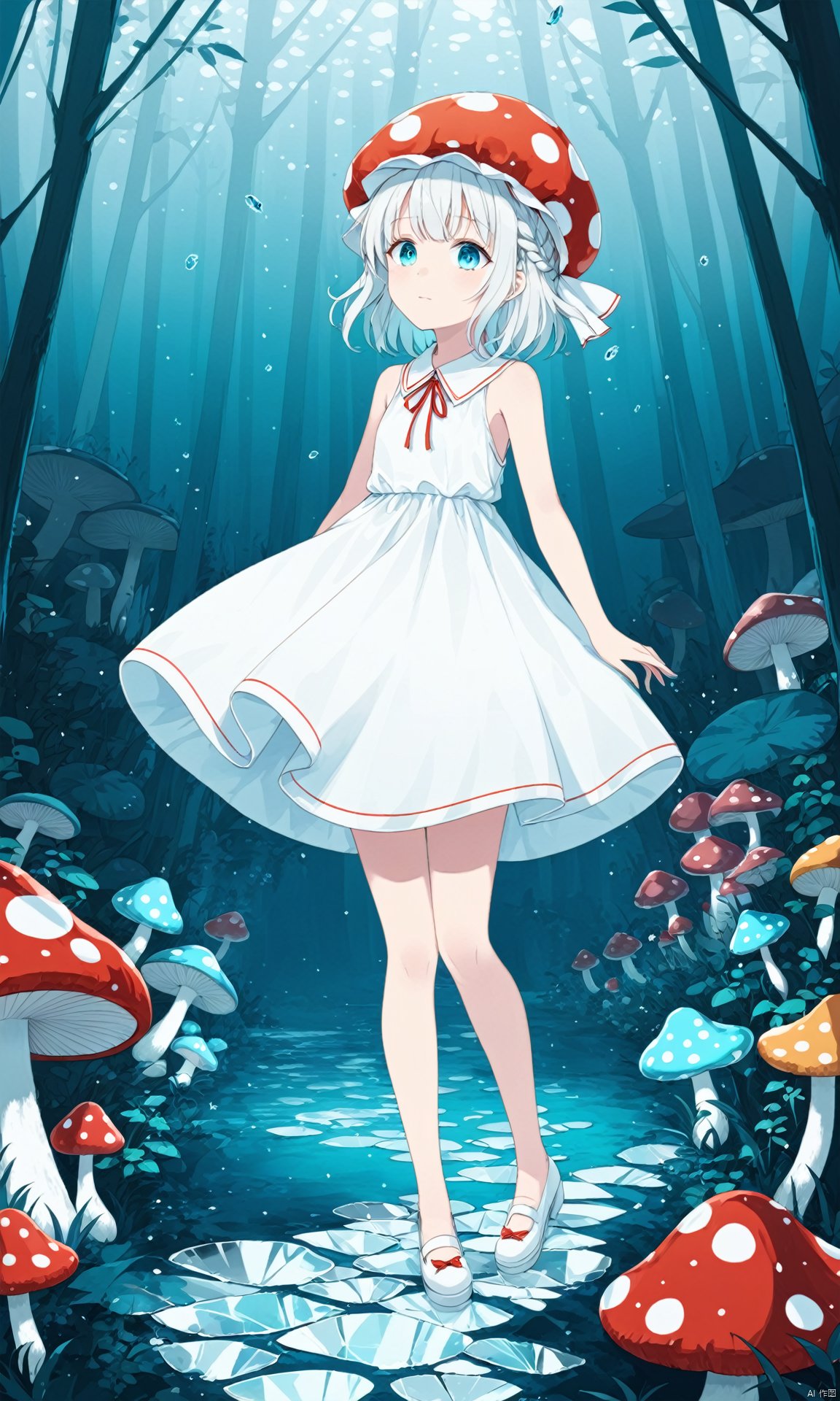  (masterpiece), (best quality), illustration, ultra detailed, hdr, Depth of field, (colorful), loli,1girl,bare shoulders,cold theme,broken glass,broken wall,aqua theme,white hair,blinking,white dress,closed mouth,constel lation,flat color,braid,blinking,white robe,float,closed mouth,constel lation,flat color,looking up,standing,medium hair,standing,solo,In the mushroom forest,wearing (mushroom hats:1.3),big mushroom hats,spotted mushroom hats,lots of white spots,