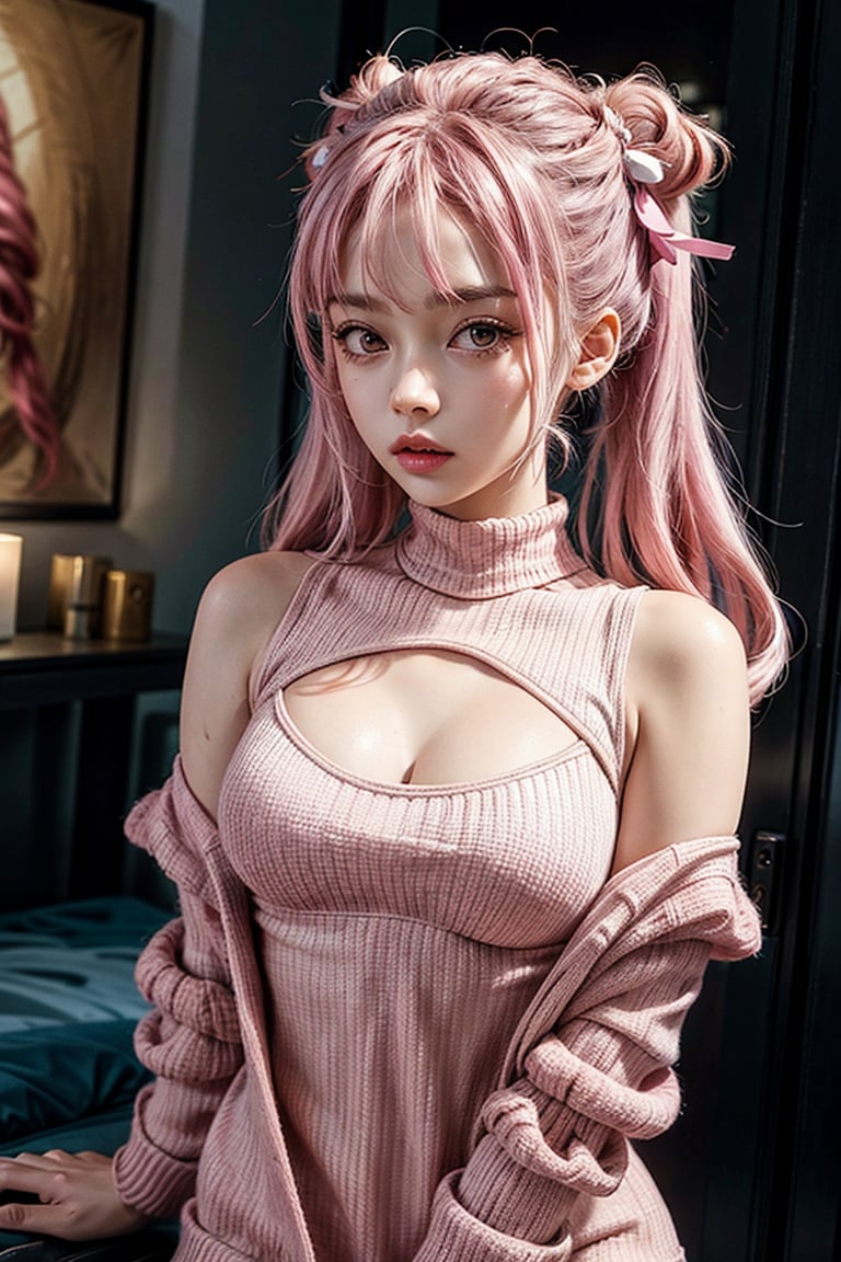 High detailed,  masterpiece,  best quality,  8K,  highres,  1girl, Pink High Pigtails with Colored Hair Ties,  Sizes 100 BREAST open-chest sweater,<lora:EMS-179-EMS:0.800000>,<lora:EMS-285033-EMS:0.800000>