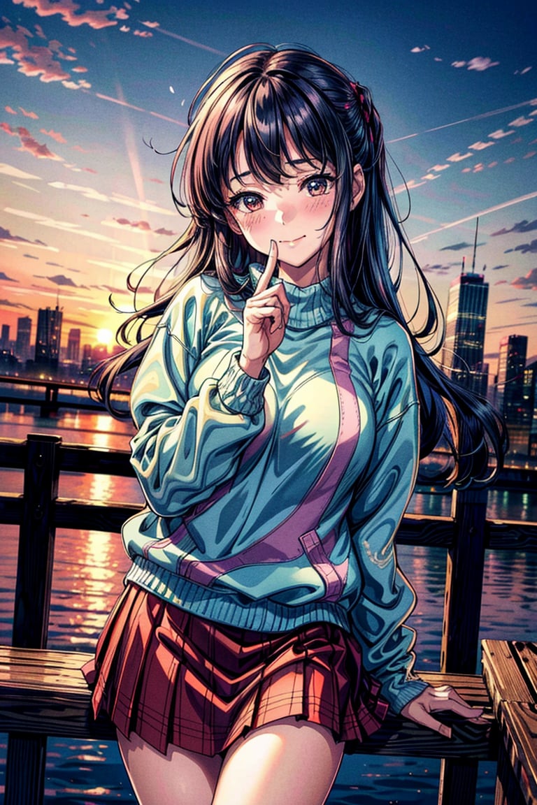 High detailed,  masterpiece,  best quality,  8K,  highres,  1girl,  young cute girl,  (13 years old) fingersmile,  finger to mouth,  1girl,  cityscape,  leaning forward,  bangs,  blush,  sunset,  skirt,  sweater,<lora:EMS-179-EMS:0.800000>,<lora:EMS-285036-EMS:0.700000>