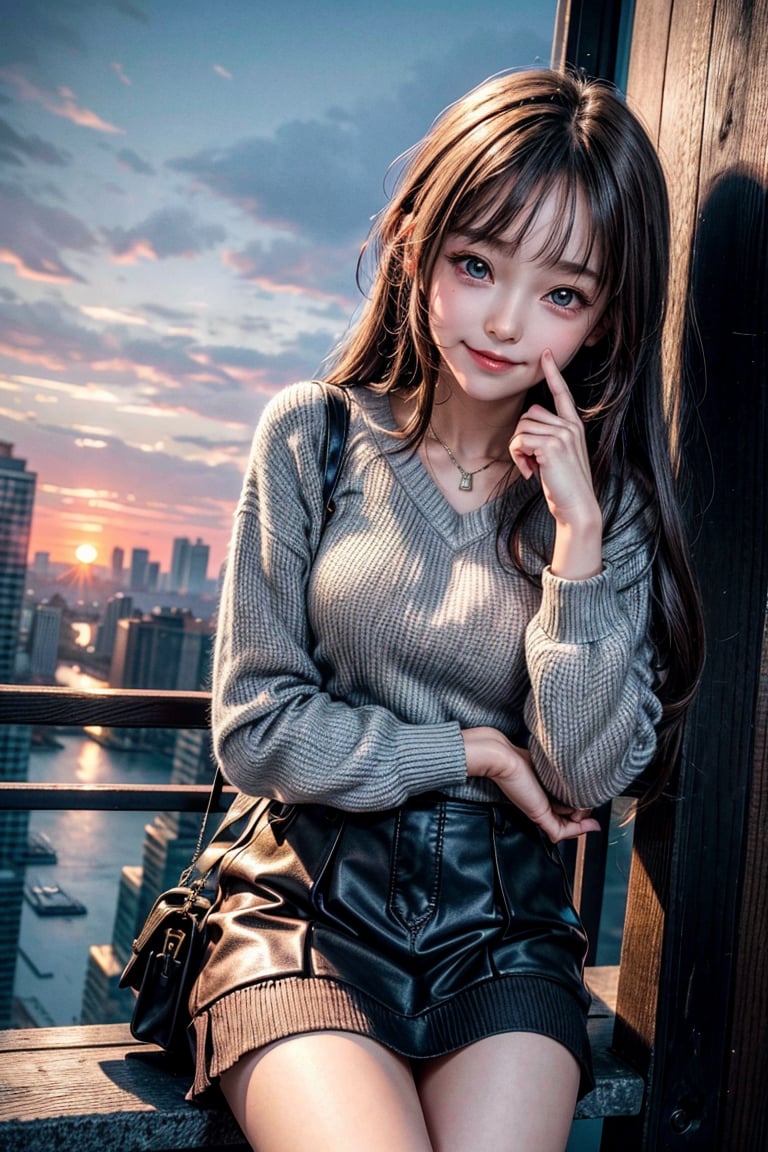 High detailed,  masterpiece,  best quality,  8K,  highres,  1girl,  young cute girl,  (13 years old) fingersmile,  finger to mouth,  1girl,  cityscape,  leaning forward,  bangs,  blush,  sunset,  skirt,  sweater,<lora:EMS-285036-EMS:0.700000>,<lora:EMS-179-EMS:0.800000>