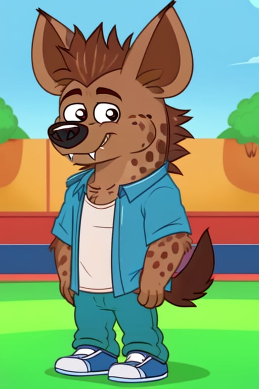 hyena, anthro, solo, male, howie, blue open shirt, white undershirt, green pants, blue sneakers, cartoon, standing, light brown fur, brown hair, tail, fangs