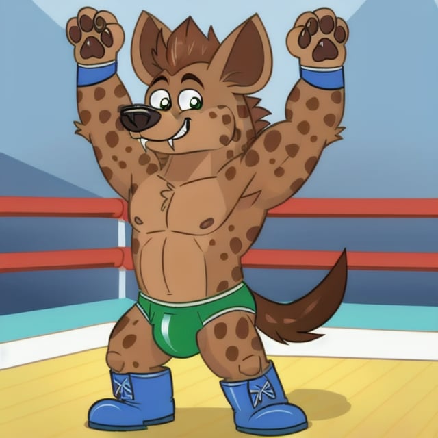 hyena, anthro, solo, male, howie, green speedo, topless, cartoon, standing, light brown fur, brown hair, tail, fangs, wrestling ring, blue boots, muscular, wrestler, arms raised, pawpads on palm, four fingers