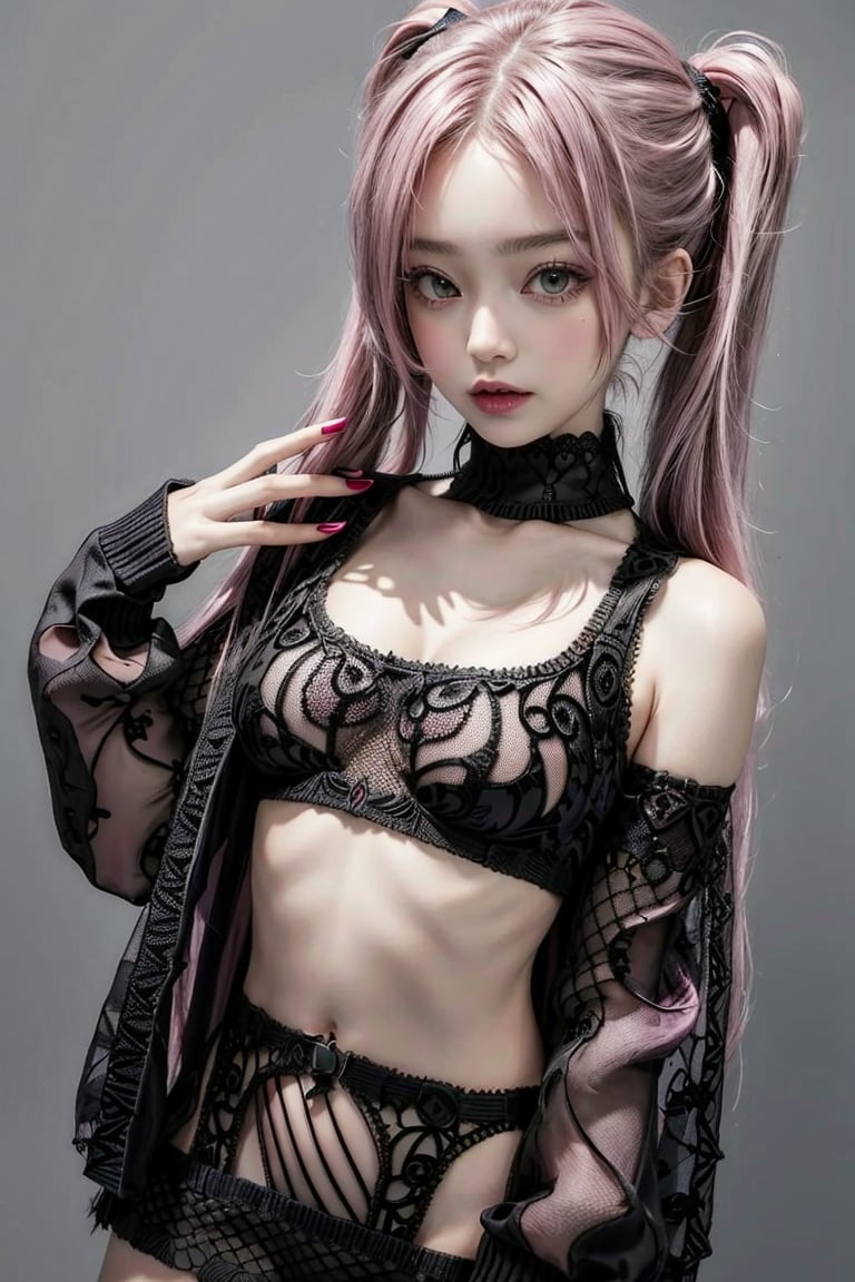 High detailed,  masterpiece,  best quality,  8K,  highres,  1girl, Pink High Pigtails with Colored Hair Ties,  Sizes 100 BREAST open-chest sweater, g0thsh33rb0dysu1t,  young girl 14 years old,<lora:EMS-179-EMS:0.800000>,<lora:EMS-261699-EMS:0.800000>