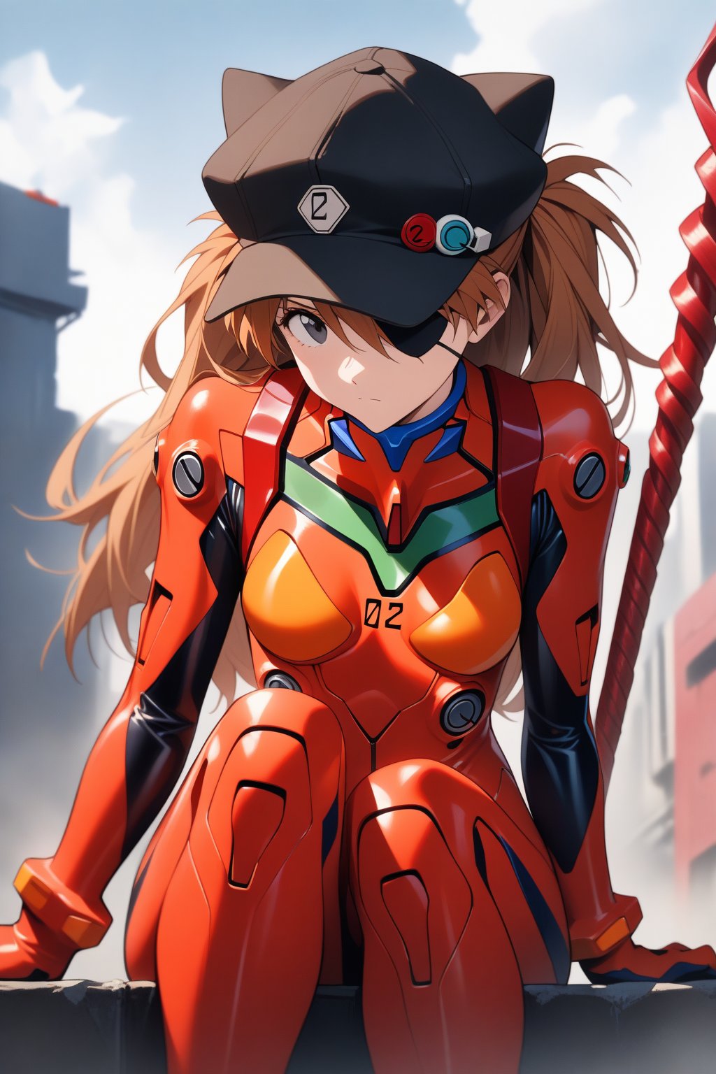 1girl, souryuu asuka langley, neon genesis evangelion, rebuild of evangelion, lance of longinus, cat hat, plugsuit, pilot suit, red bodysuit, sitting,upper_body, black eye patch,looking down, from bottom, looking at viewer, outdoors, masterpiece, best quality, very aesthetic, absurdres
