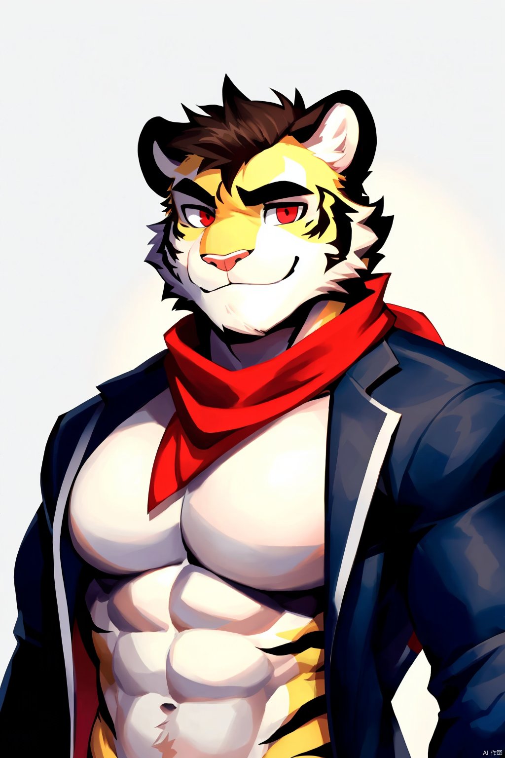 1boy, male focus, solo, tiger boy, bara, furry, tiger ears, furry male, muscular male, scarf, red eyes, pectorals, muscular, upper body, looking at viewer, jacket, short hair, white fur, red scarf, smile, thick eyebrows, facial hair, pectoral cleavage, white background, large pectorals, open clothes