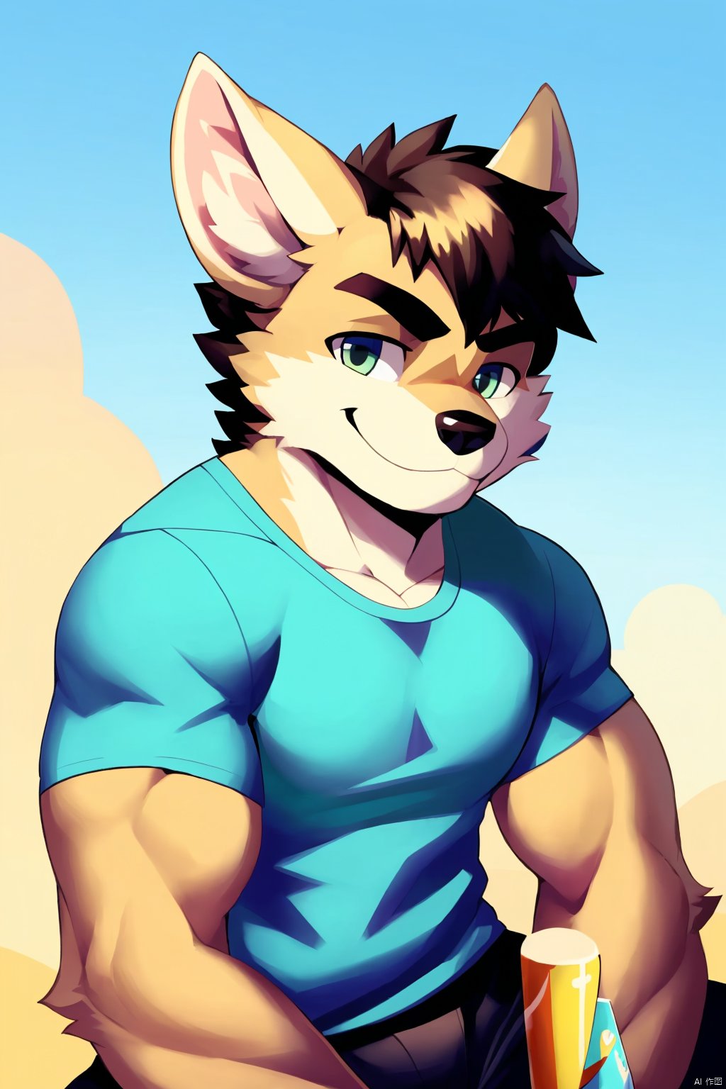 1boy, male focus, furry male, solo, animal ears, furry, upper body, smile, bara, dog ears, muscular male, thick eyebrows, muscular, short hair, looking at viewer, dog boy, shirt