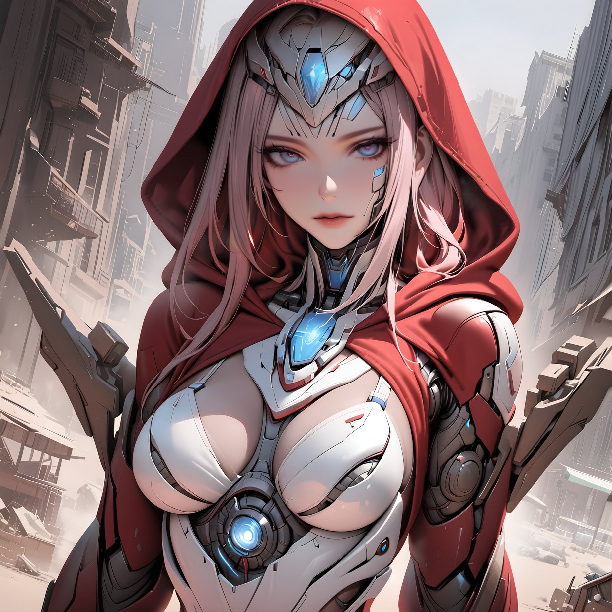 ((masterpiece, best quality, highres:1.2)), UHD, ultra-detailed, 2.5D, semi-realistic, perfect face, 1girl,EA post apocalyptic portrait photo of a red hooded woman, (((front view))), blue eyes,beautiful female, beautiful face, biomechanical android with translucent lingerie armor,scientific illustration,white backgorund,alabaster skin,perfect face