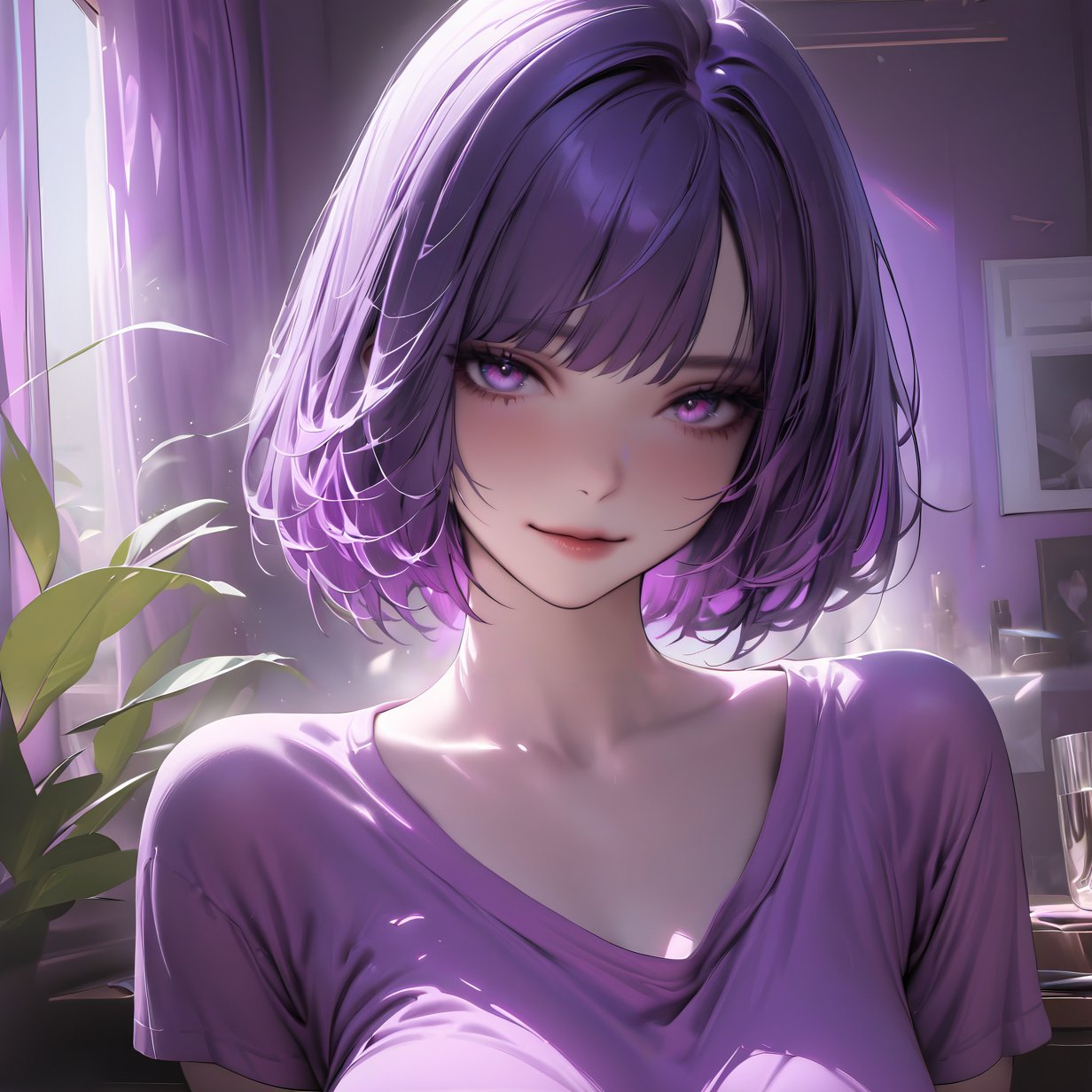 ((masterpiece, best quality, highres:1.2)), UHD, ultra-detailed, 2.5D, semi-realistic, perfect face, 1girl, solo, looking at viewer, ((chiaroscuro)), RAW photo, slight smile, purple hair, short hair, bob haircut, bangs, magenta eyes, 8k, indoors, ((close up)), upper_body, ((cute purple sleep shirt)), shirt-only