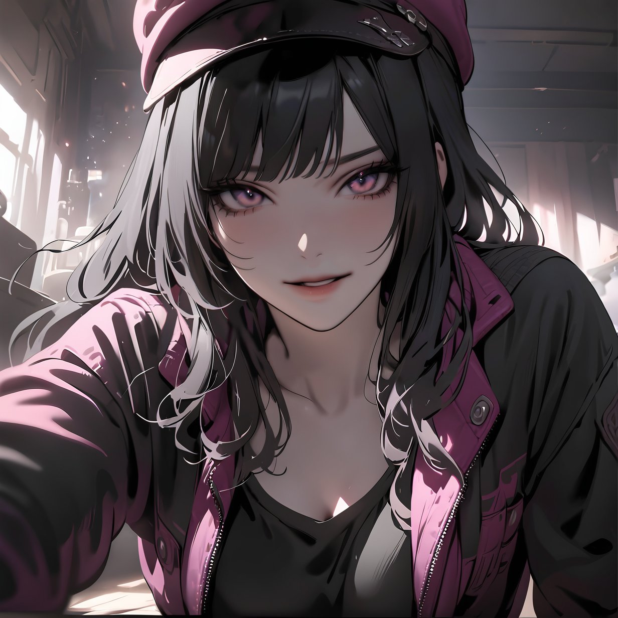 ((masterpiece, best quality, highres:1.2)), anime_screencap, perfect face, 1girl, solo, looking at viewer, emo girl, hat, dark makeup, ((chiaroscuro)), RAW photo, open mouth, slight smile, black hair, long hair, bangs, magenta eyes, 8k, fine-detailed, indoors, ((close up)), upper_body, black shirt, long_pants, jacket