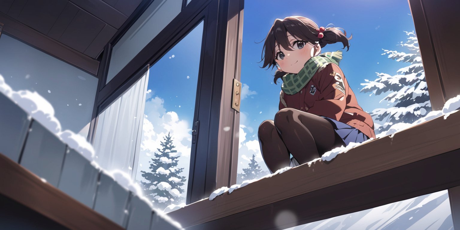 Visual Anime,  masterpiece,  best quality,  @Misato,  1girl,  solo,  twintails,  short twintails,  looking at viewer,  blush,  hair ornament,  hair bobbles,  black eyes,  misato main outfit,  jacket,  hair between eyes,  happy,  deep smile,  (green scarf),  brown hair,  outdoors,  day,  looking back,  blurry,  tree,  snow,  blurry background,  falling snow crystal,  Yanagihara_Misato,  one arm behind head,  Extreme detailed,  masterful,  dynamic lighting,  Sitting on a seat,  blue sky,  cloud,  Anime-style illustration depicting a Japanese winter sky scene,  the street lamp against the clear winter sky,  The perspective is from below,  focusing on the girl,  long shoot,  brown pantyhose,  blue pleated skirt,  solo,  upper body,  outdoors, Yanagihara_Misato,<lora:EMS-285142-EMS:0.800000>,<lora:EMS-284334-EMS:0.800000>,<lora:EMS-253690-EMS:0.500000>