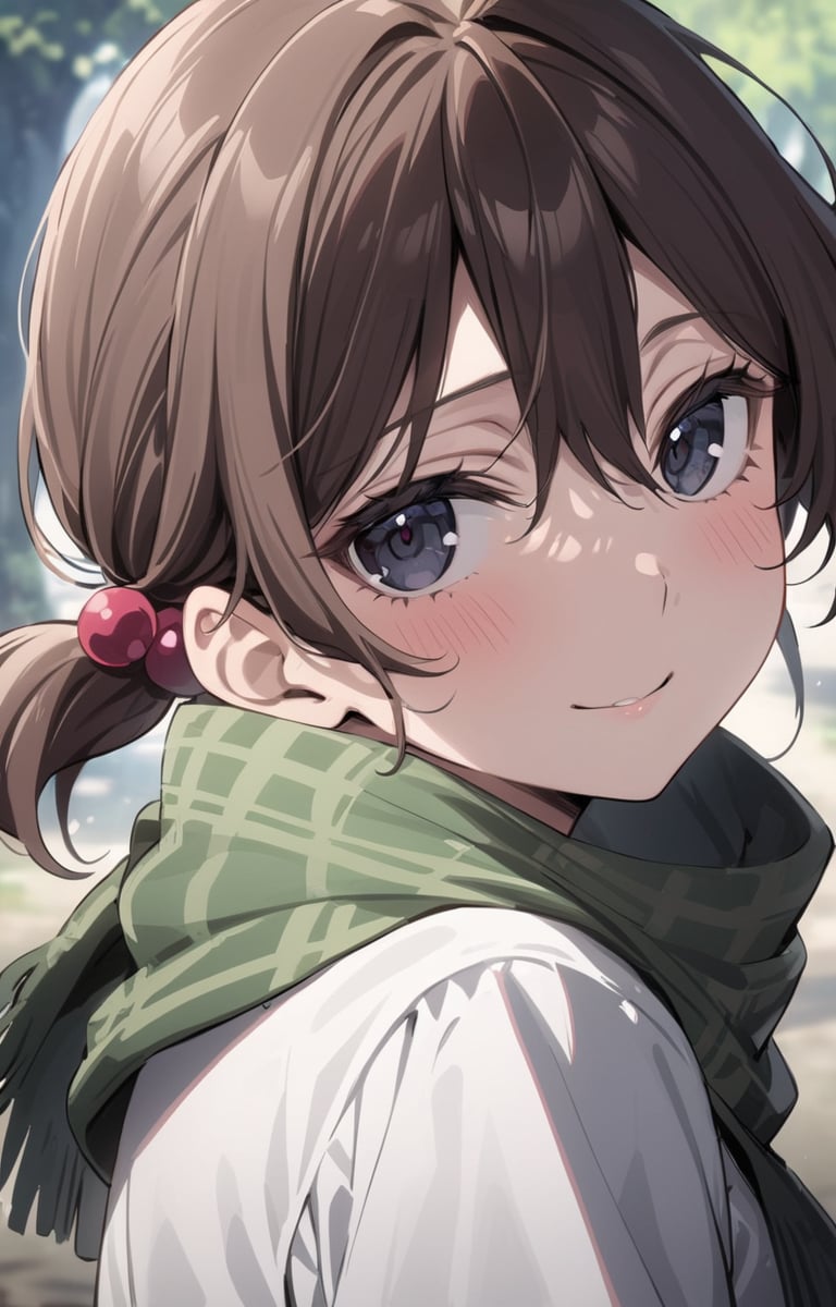 Visual Anime,  masterpiece,  best quality,  @Misato,  solo,  short twintails,  looking at viewer,  blush,  hair ornament,  hair bobbles,  black eyes,  misato main outfit,  hair between eyes,  deep smile,  (green scarf),  upper body,  brown hair,  outdoors,  day,  looking back,  blurry,  tree,  petals,  blurry background,  falling petals,  Yanagihara_Misato,<lora:EMS-285142-EMS:0.800000>,<lora:EMS-284334-EMS:0.800000>,<lora:EMS-253690-EMS:0.500000>