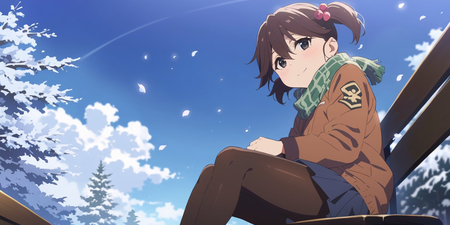 Visual Anime,  masterpiece,  best quality,  @Misato,  1girl,  solo,  twintails,  short twintails,  looking at viewer,  blush,  hair ornament,  hair bobbles,  black eyes,  misato main outfit,  jacket,  hair between eyes,  happy,  deep smile,  (green scarf),  brown hair,  outdoors,  day,  looking back,  blurry,  tree,  petals,  blurry background,  falling snow,  Yanagihara_Misato,  one arm behind head,  Extreme detailed,  masterful,  dynamic lighting,  Sitting on a seat,  blue sky,  cloud,  Anime-style illustration depicting a Japanese winter sky scene,  the street lamp against the clear winter sky,  The perspective is from below,  focusing on the girl,  long shoot,  brown pantyhose,  blue pleated skirt,  solo,  upper body,  outdoors,<lora:EMS-285142-EMS:0.800000>,<lora:EMS-284334-EMS:0.800000>