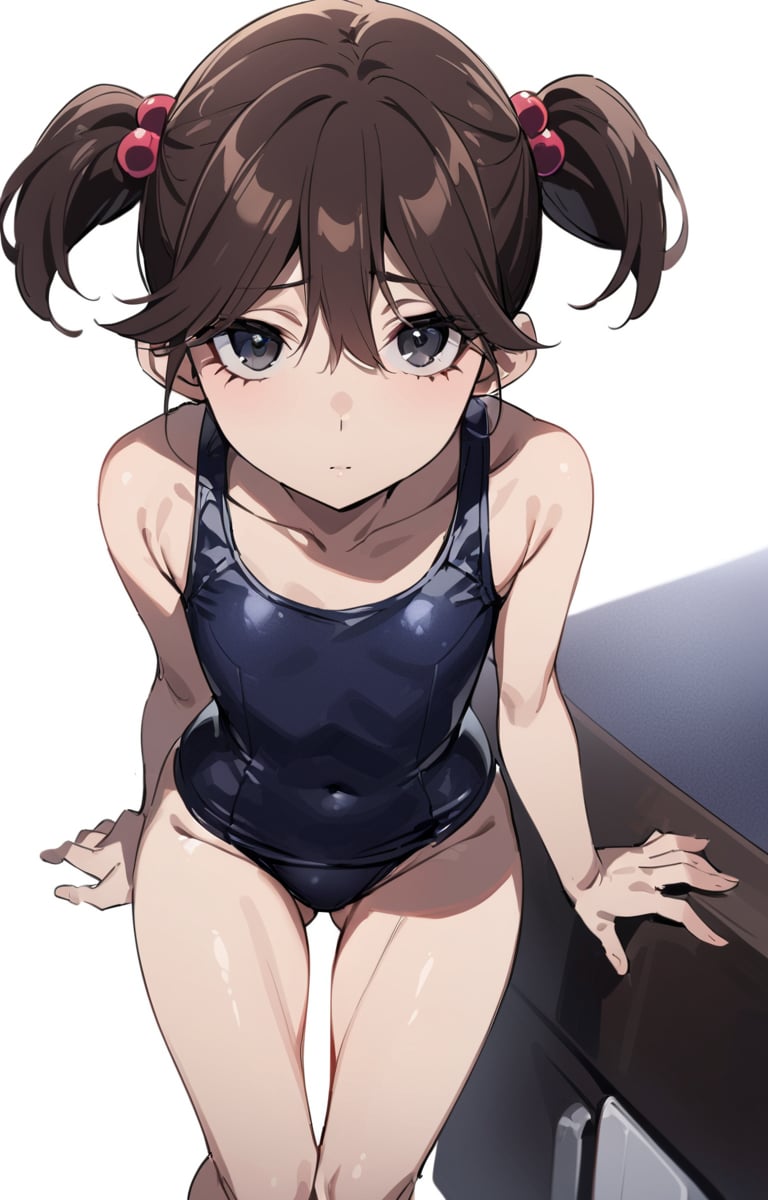 masterpiece,  best quality,  @Misato,  1girl,  black eyes,  short hair,  brown hair,  short hair,  hair ornament,  hair bobbles,  twintails,  closed mouth,  white background,  swimsuit,  barefoot,  looking at viewer,  short twintails,  one-piece swimsuit,  school swimsuit,  simple background,  solo,  fullbody,  Yanagihara Misato,  cropped legs,<lora:EMS-285142-EMS:0.800000>,<lora:EMS-284334-EMS:0.700000>,<lora:EMS-253690-EMS:0.300000>