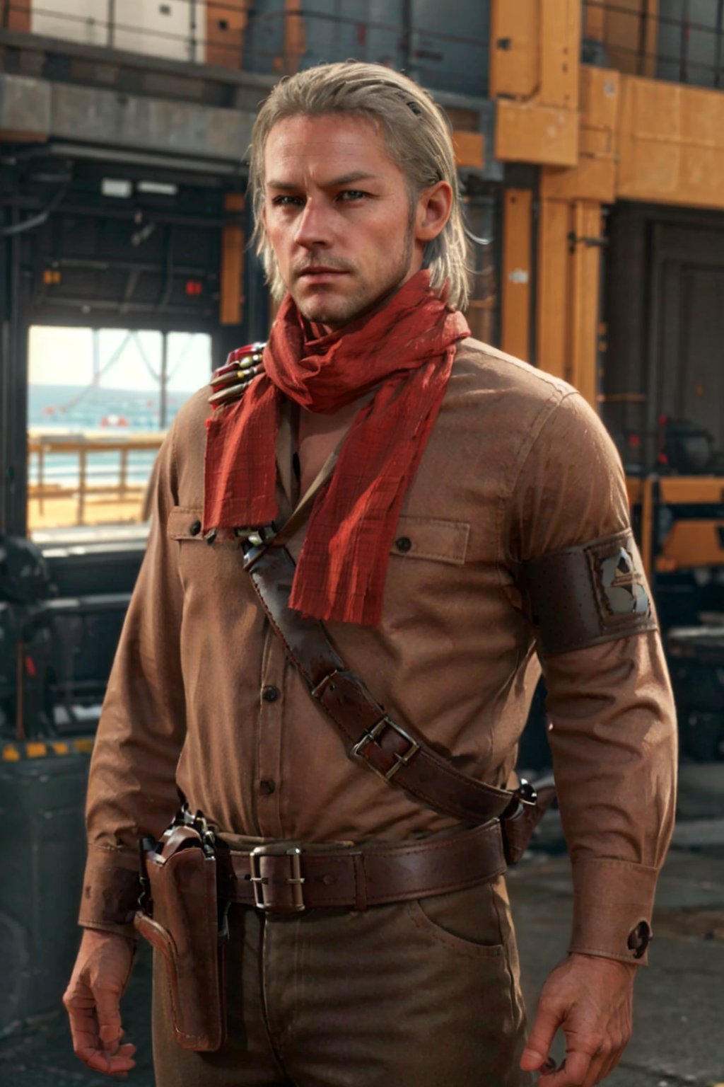 1boy, solo, Revolver Ocelot, Metal Gear Solid, 40 years old, grey eyes, white hair, stubble, red linen scarf, utility shirt, long sleeves, dark brown canvas pants, knee-high cowboy boots with spurs, red gloves, brown leather bandolier, belt, holster, handsome, mature, masculine, virile, confidence, charming, alluring, upper body in frame, Metal Gear Solid location, sky, ocean, perfect anatomy, perfect proportions, 8k, HQ, (best quality:1.5, hyperrealistic:1.5, photorealistic:1.4, madly detailed CG unity 8k wallpaper:1.5, masterpiece:1.3, madly detailed photo:1.2), (hyper-realistic lifelike texture:1.4, realistic eyes:1.2), high_resolution, picture-perfect face, perfect eye pupil, detailed eyes,  perfecteyes, perfecteyes, dutch angle, cowboy shot