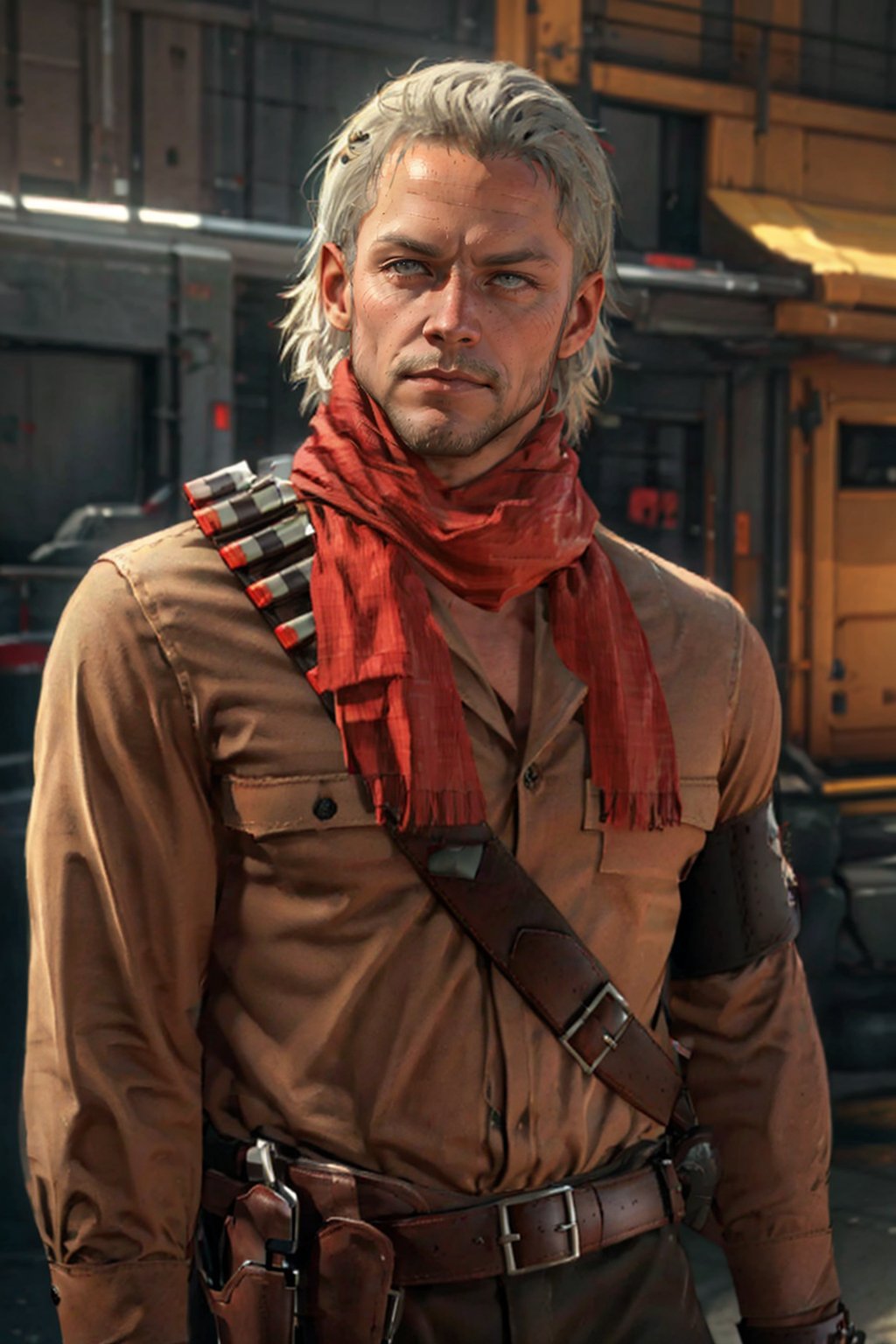 1boy, solo, Revolver Ocelot, Metal Gear Solid, 40 years old, grey eyes, white hair, stubble, red linen scarf, utility shirt, long sleeves, dark brown canvas pants, knee-high cowboy boots with spurs, red gloves, brown leather bandolier, belt, holster, handsome, mature, masculine, virile, confidence, charming, alluring, upper body in frame, Metal Gear Solid location, perfect anatomy, perfect proportions, 8k, HQ, (best quality:1.5, hyperrealistic:1.5, photorealistic:1.4, madly detailed CG unity 8k wallpaper:1.5, masterpiece:1.3, madly detailed photo:1.2), (hyper-realistic lifelike texture:1.4, realistic eyes:1.2), high_resolution, picture-perfect face, perfect eye pupil, detailed eyes,  perfecteyes, perfecteyes, dutch angle, cowboy shot